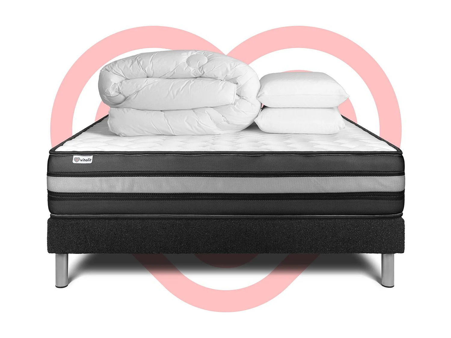 Pack lit complet - Matelas 160x200 cm + Sommier tapissier à lattes (en kit) + 2 oreillers + Couette - Vital Power Zen