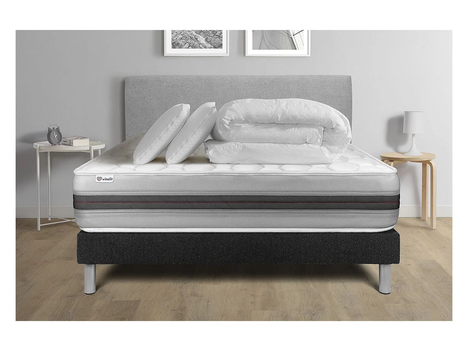Pack lit complet - Matelas 180x200 cm + Sommier tapissier à lattes (en kit) + 2 oreillers + Couette - Vitalspring Recover