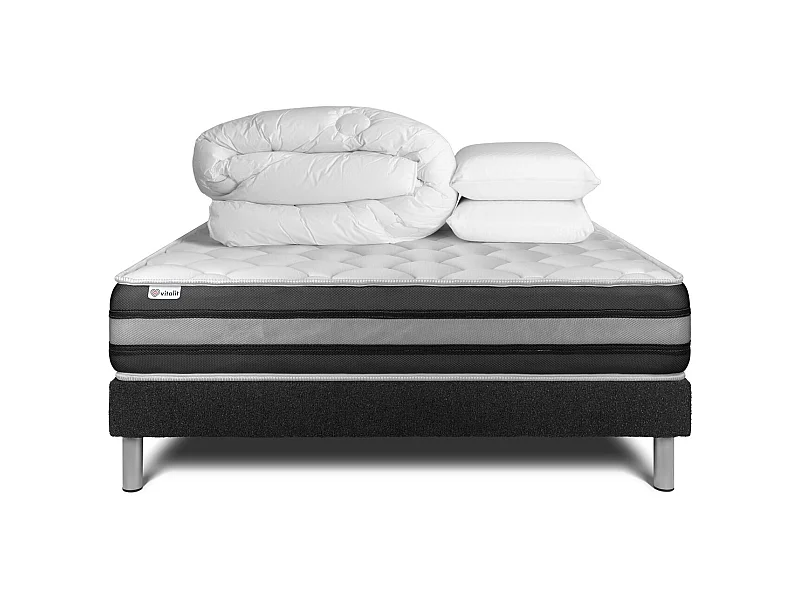 Komplettpaket Bett - Matratze 160x200 cm + Boxspringbett mit Lattenrost (im Set) + 2 Kopfkissen + Bettdecke - Vitalspring Zen