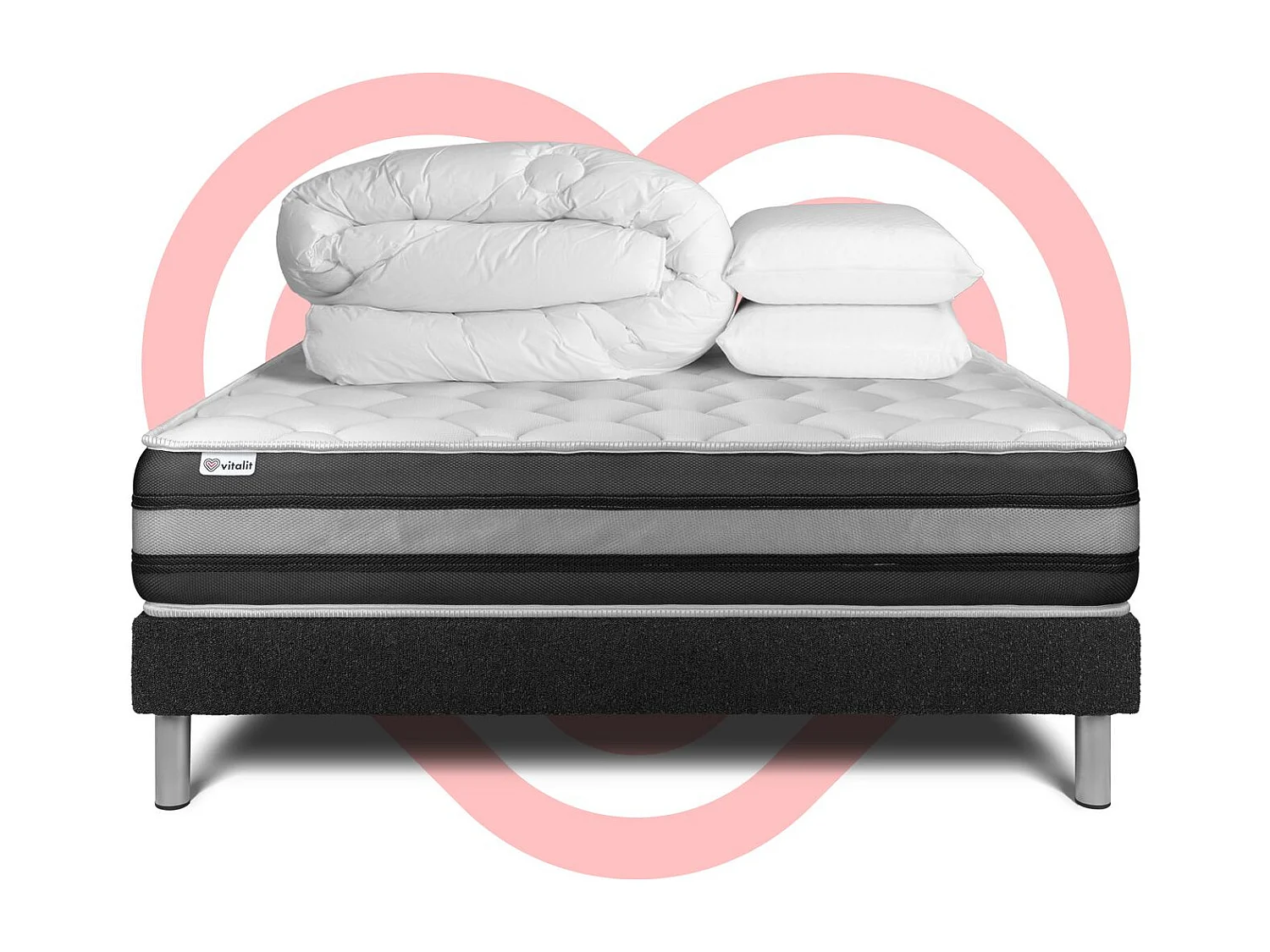 Pack lit complet - Matelas 160x200 cm + Sommier tapissier à lattes (en kit) + 2 oreillers + Couette - Vitalspring Zen