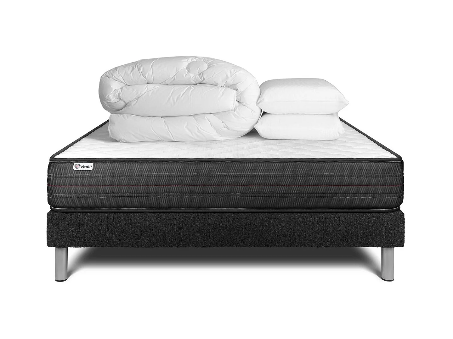 Pack lit complet - Matelas 160x200 cm + Sommier tapissier à lattes (en kit) + 2 oreillers + Couette - Vitalpower