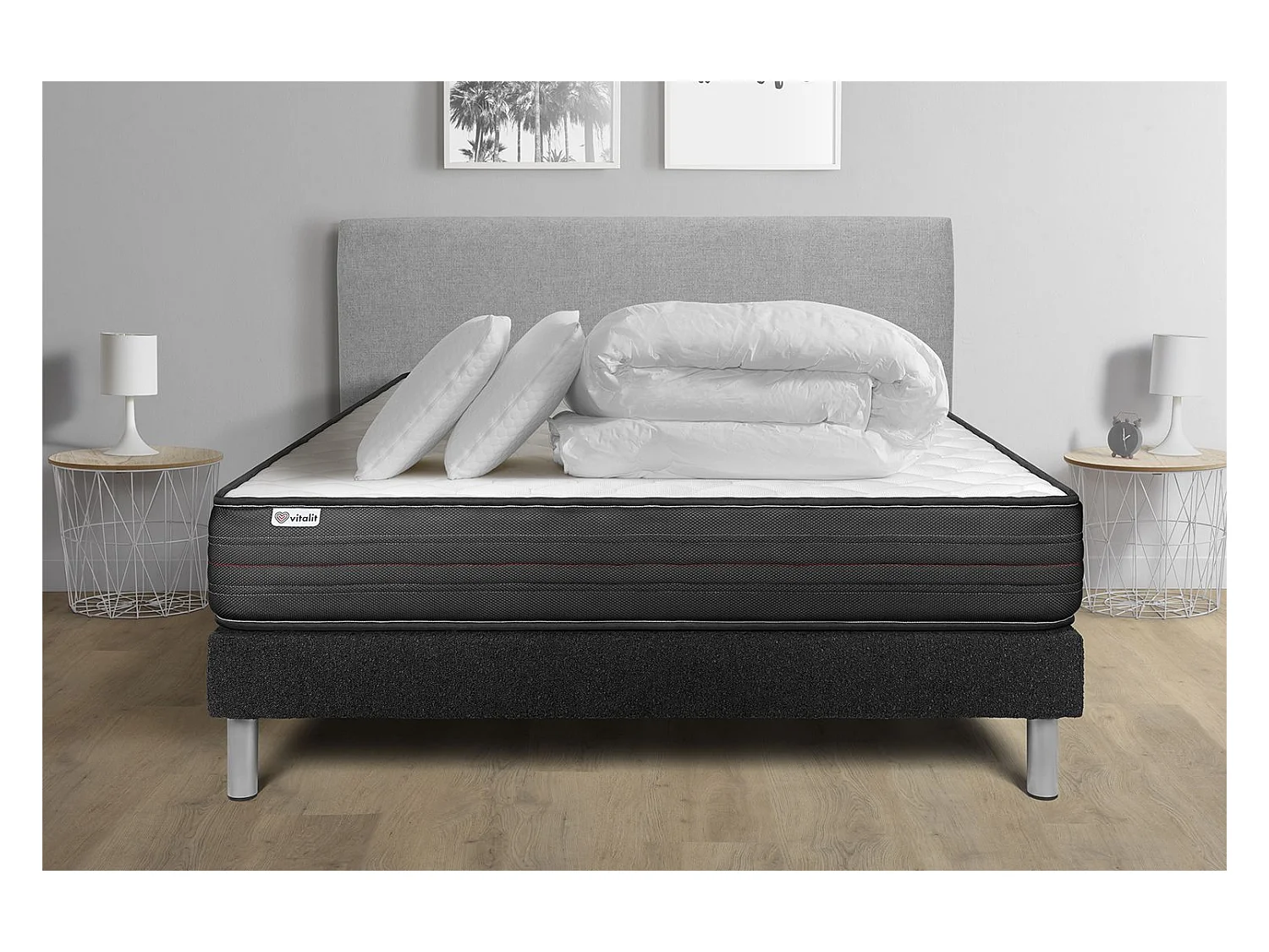 Pack lit complet - Matelas 160x200 cm + Sommier tapissier à lattes (en kit) + 2 oreillers + Couette - Vitalpower