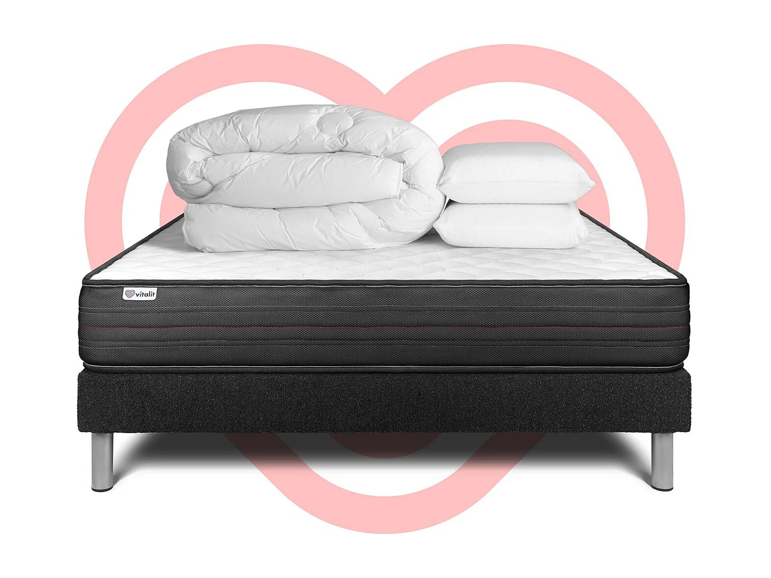 Pack lit complet - Matelas 160x200 cm + Sommier tapissier à lattes (en kit) + 2 oreillers + Couette - Vitalpower