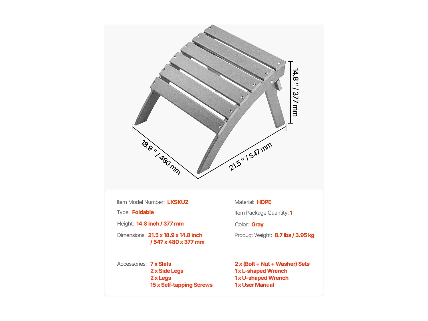 Pouf de Jardin, SucceBuy Pouf Adirondack Pliable en PEHD de 54.7 x 48 x 37.7 cm, Gris