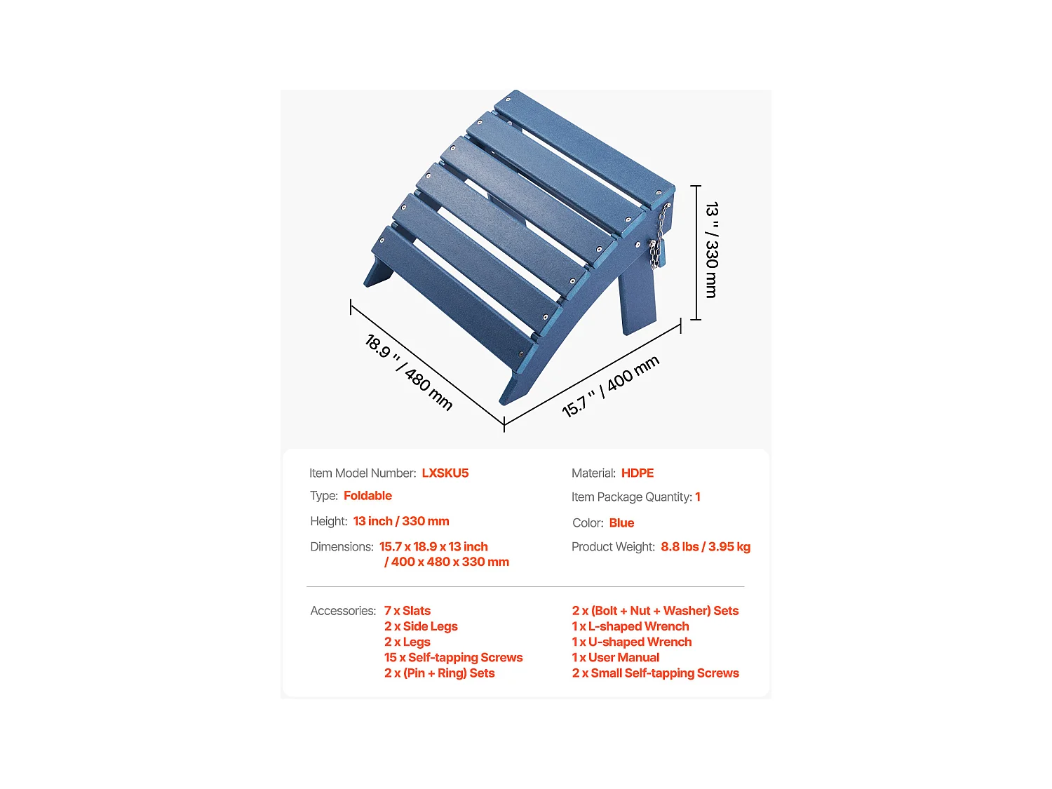 Pouf de Jardin, SucceBuy Pouf Adirondack Pliable en PEHD 40x48x33 cm, Repose-pieds Résistant aux Intempéries, Idéal pour Porche Extérieur, Piscine, Bleu