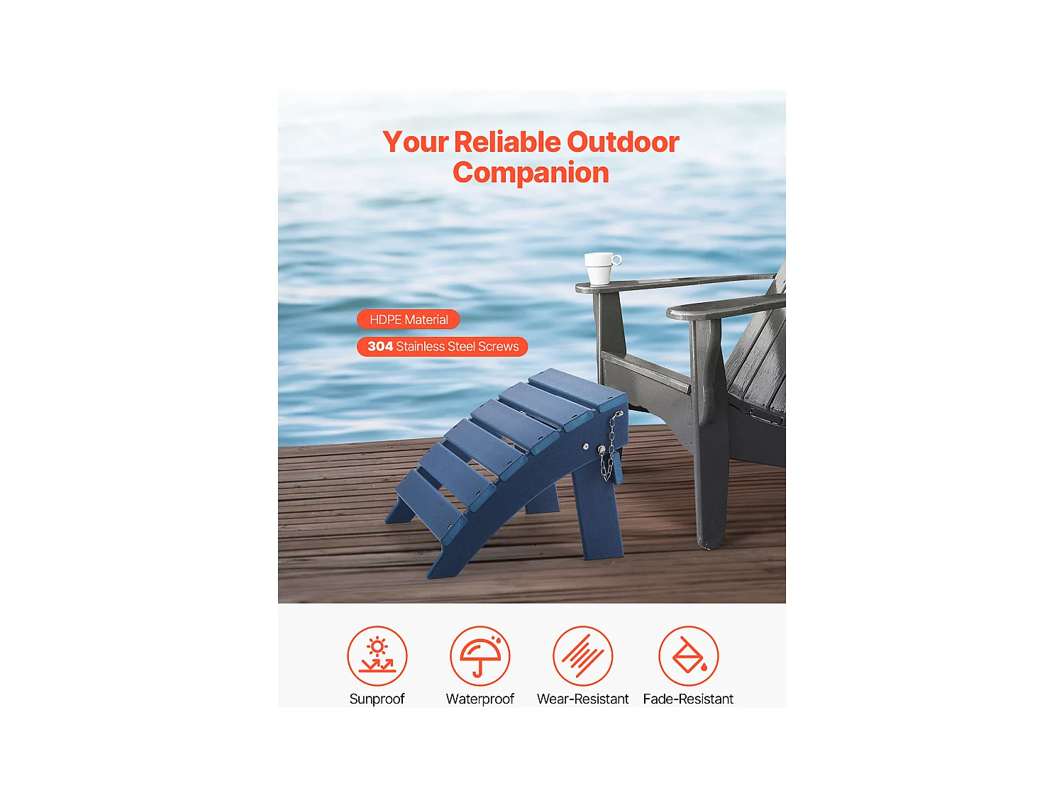 Pouf de Jardin, SucceBuy Pouf Adirondack Pliable en PEHD 40x48x33 cm, Repose-pieds Résistant aux Intempéries, Idéal pour Porche Extérieur, Piscine, Bleu