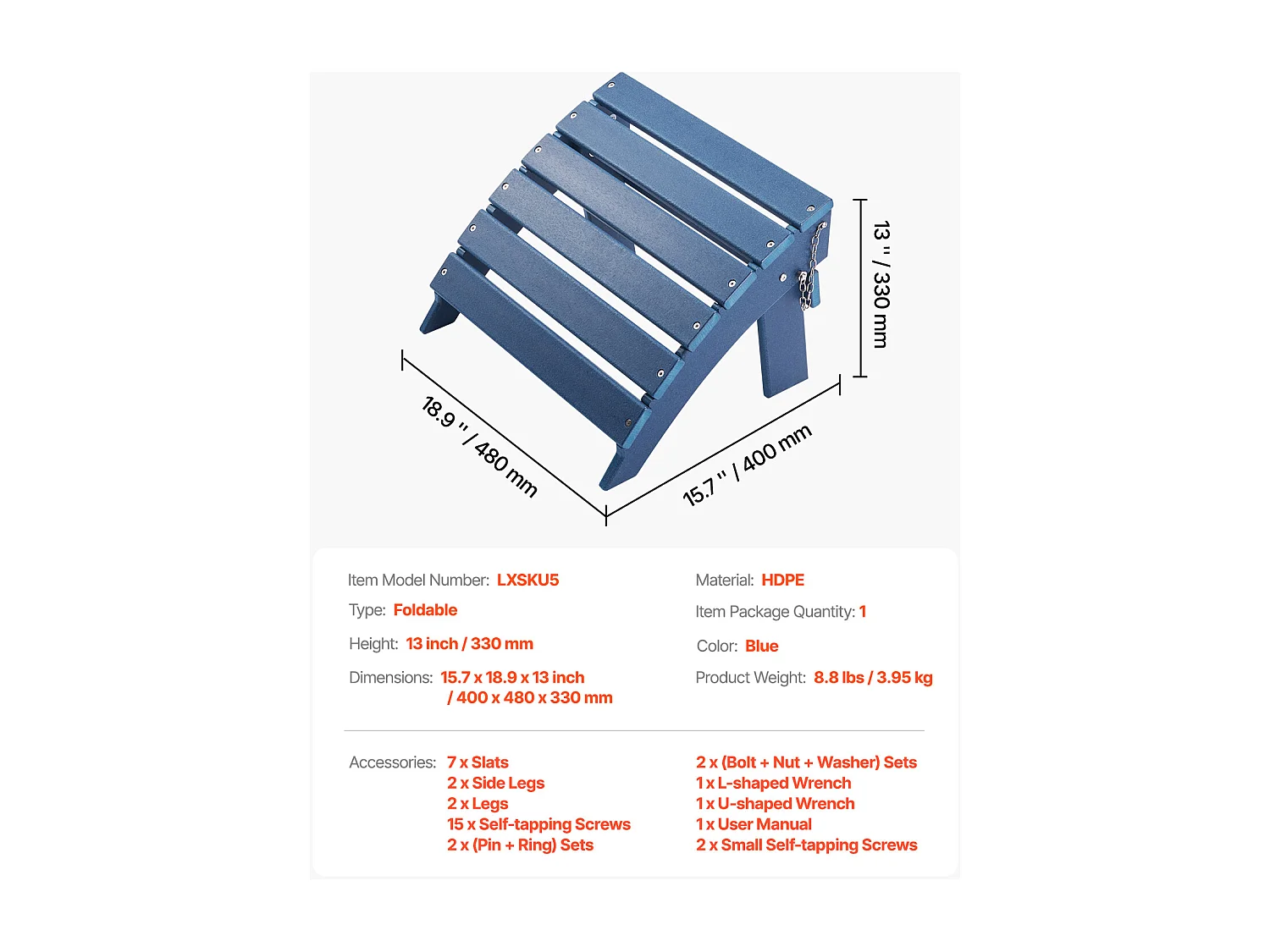 Pouf de Jardin, SucceBuy Pouf Adirondack Pliable en PEHD 40x48x33 cm, Repose-pieds Résistant aux Intempéries, Idéal pour Porche Extérieur, Piscine, Bleu