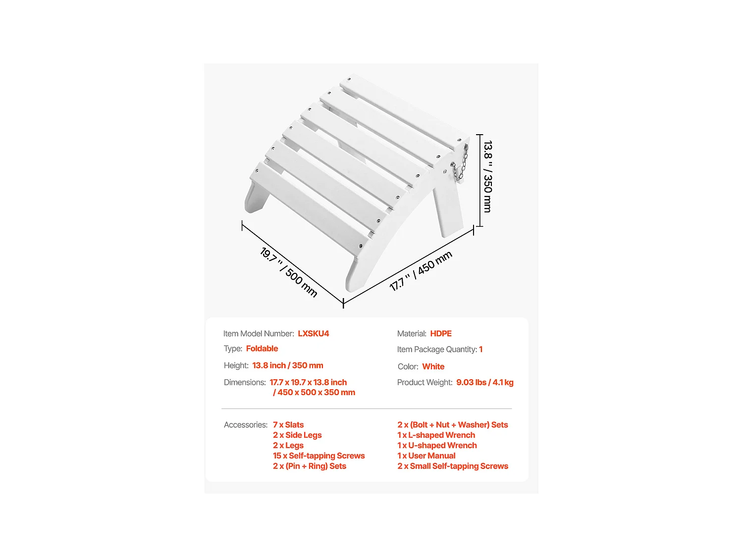 Pouf de Jardin, SucceBuy Pouf Adirondack Pliable en PEHD de 45 x 50 x 35 cm, Blanc