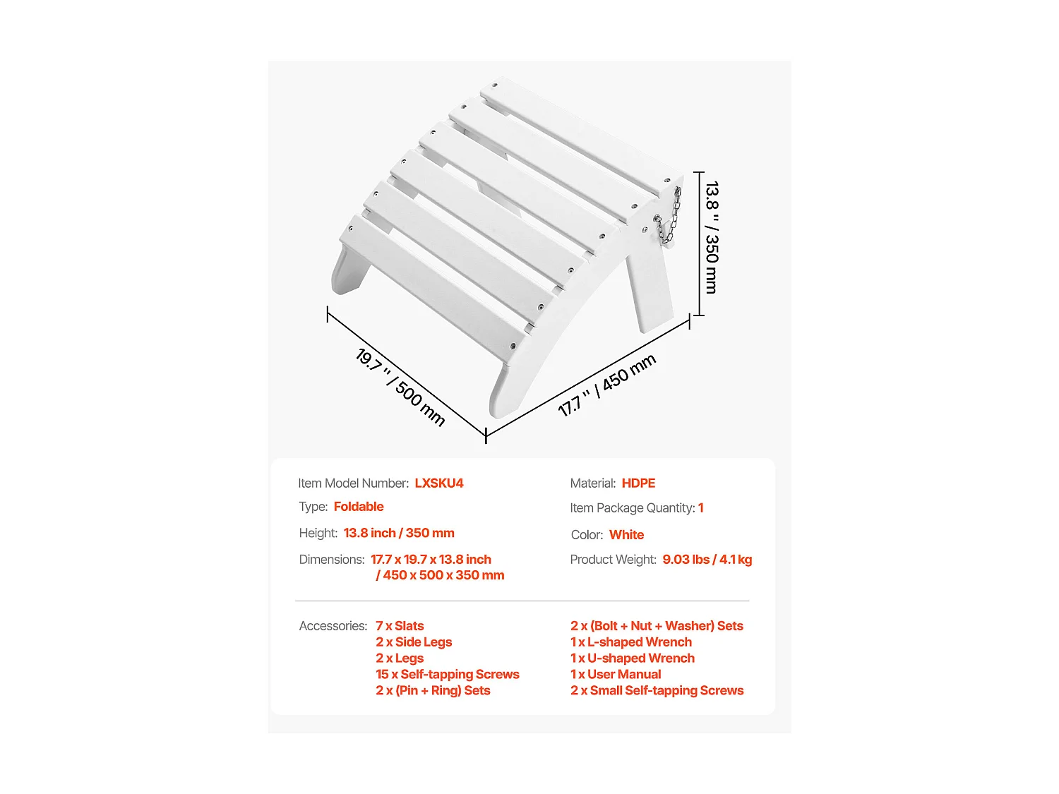 Puf de Jardín SucceBuy Plegable Adirondack de HDPE, 45 x 50 x 35 cm, Color Blanco