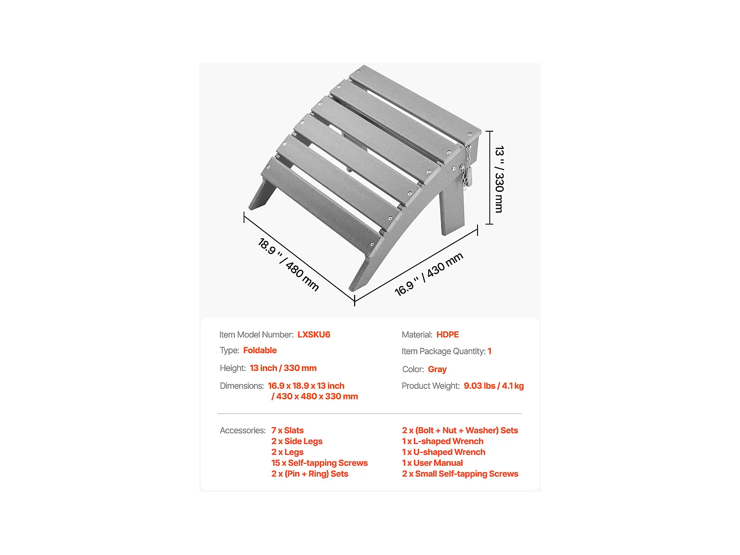 Pouf de Jardin, SucceBuy Pouf Adirondack Pliable en PEHD de 43 x 48 x 33 cm, Gris