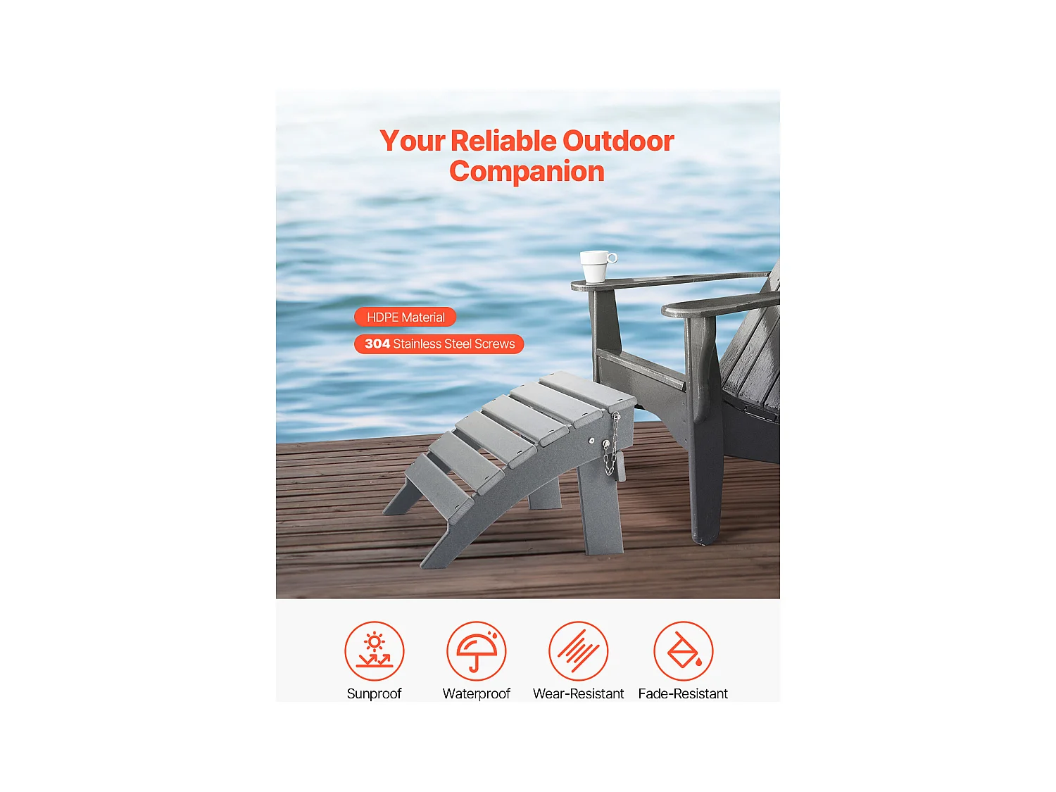 Pouf de Jardin, SucceBuy Pouf Adirondack Pliable en PEHD de 43 x 48 x 33 cm, Gris