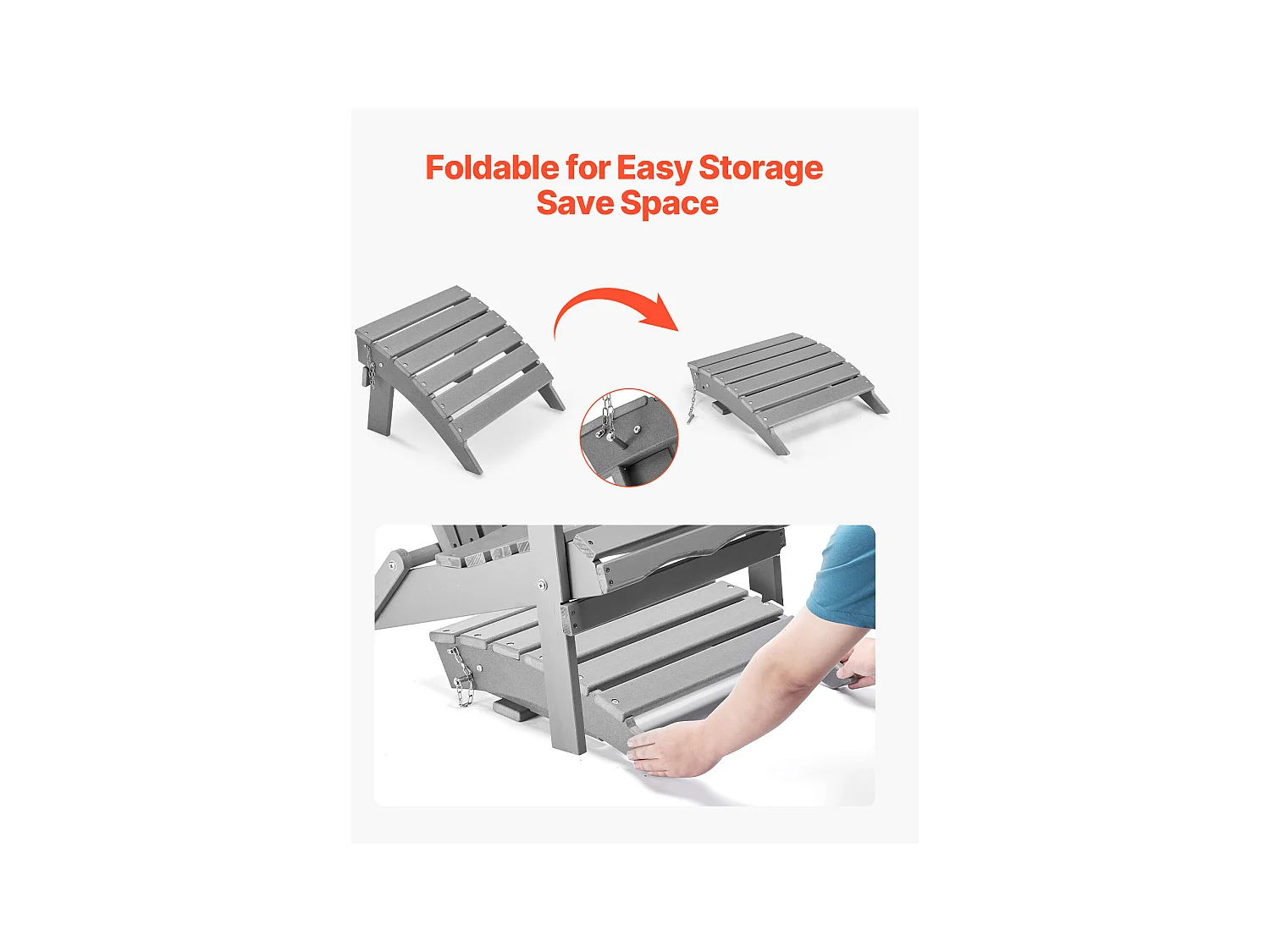 Pouf de Jardin, SucceBuy Pouf Adirondack Pliable en PEHD de 43 x 48 x 33 cm, Gris