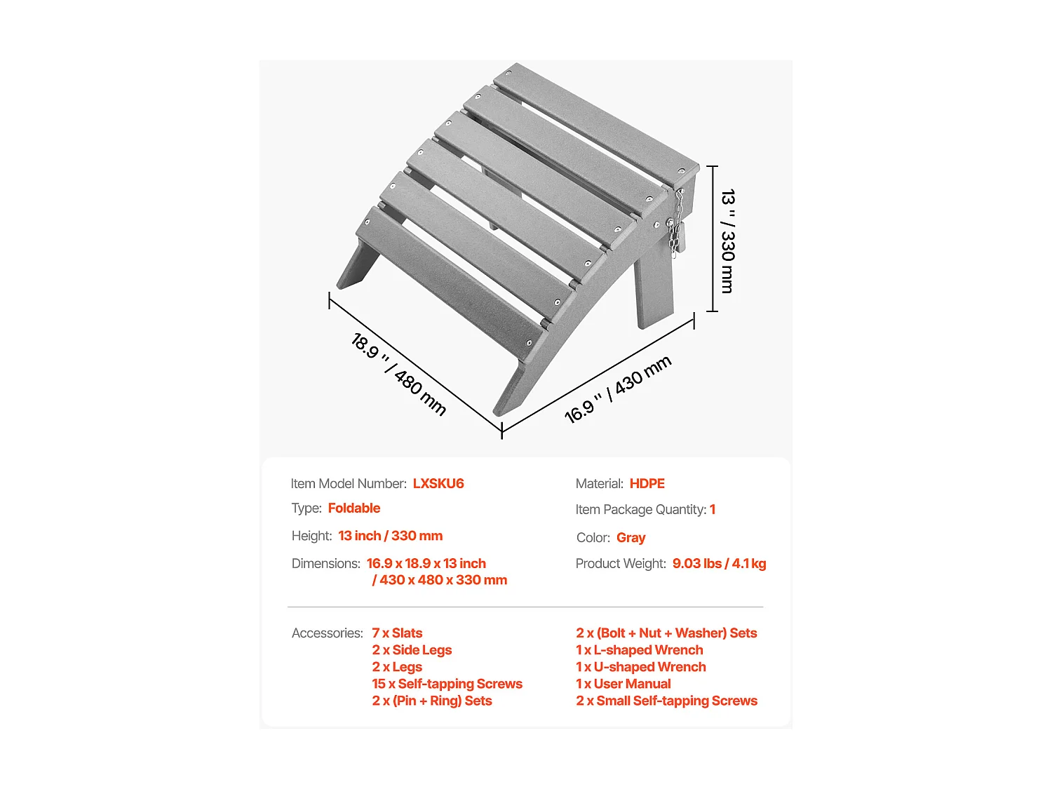 Pouf de Jardin, SucceBuy Pouf Adirondack Pliable en PEHD de 43 x 48 x 33 cm, Gris