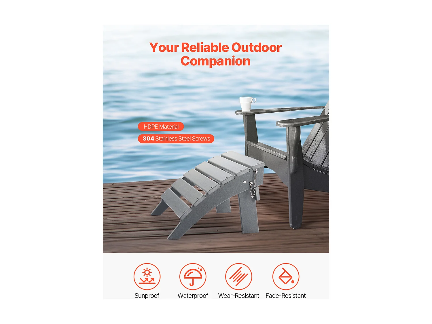 Pouf de Jardin, SucceBuy Pouf Adirondack Pliable en PEHD de 43 x 48 x 33 cm, Gris