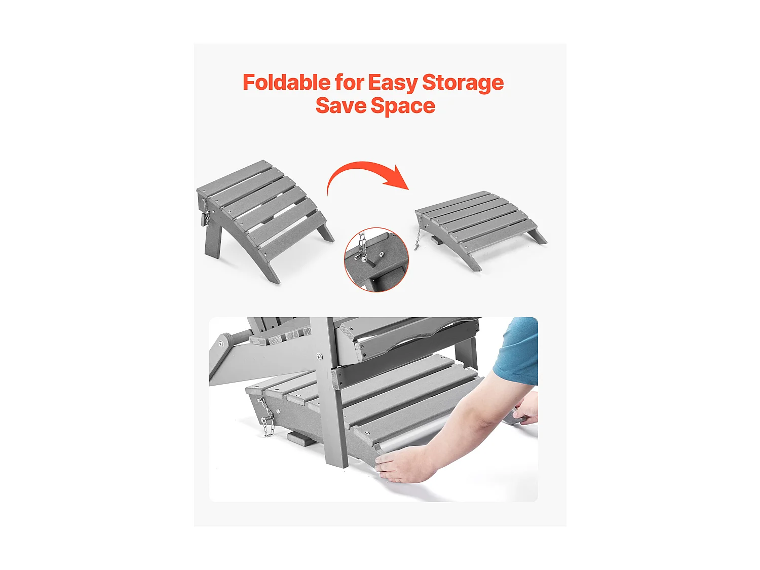 Pouf de Jardin, SucceBuy Pouf Adirondack Pliable en PEHD de 43 x 48 x 33 cm, Gris