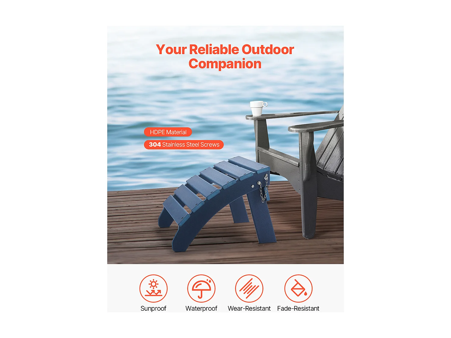 Pouf de Jardin, SucceBuy Pouf Adirondack Pliable en PEHD 47 x 47 x 35 cm, Repose-pieds Résistant aux Intempéries pour Chaise Adirondack, Bleu