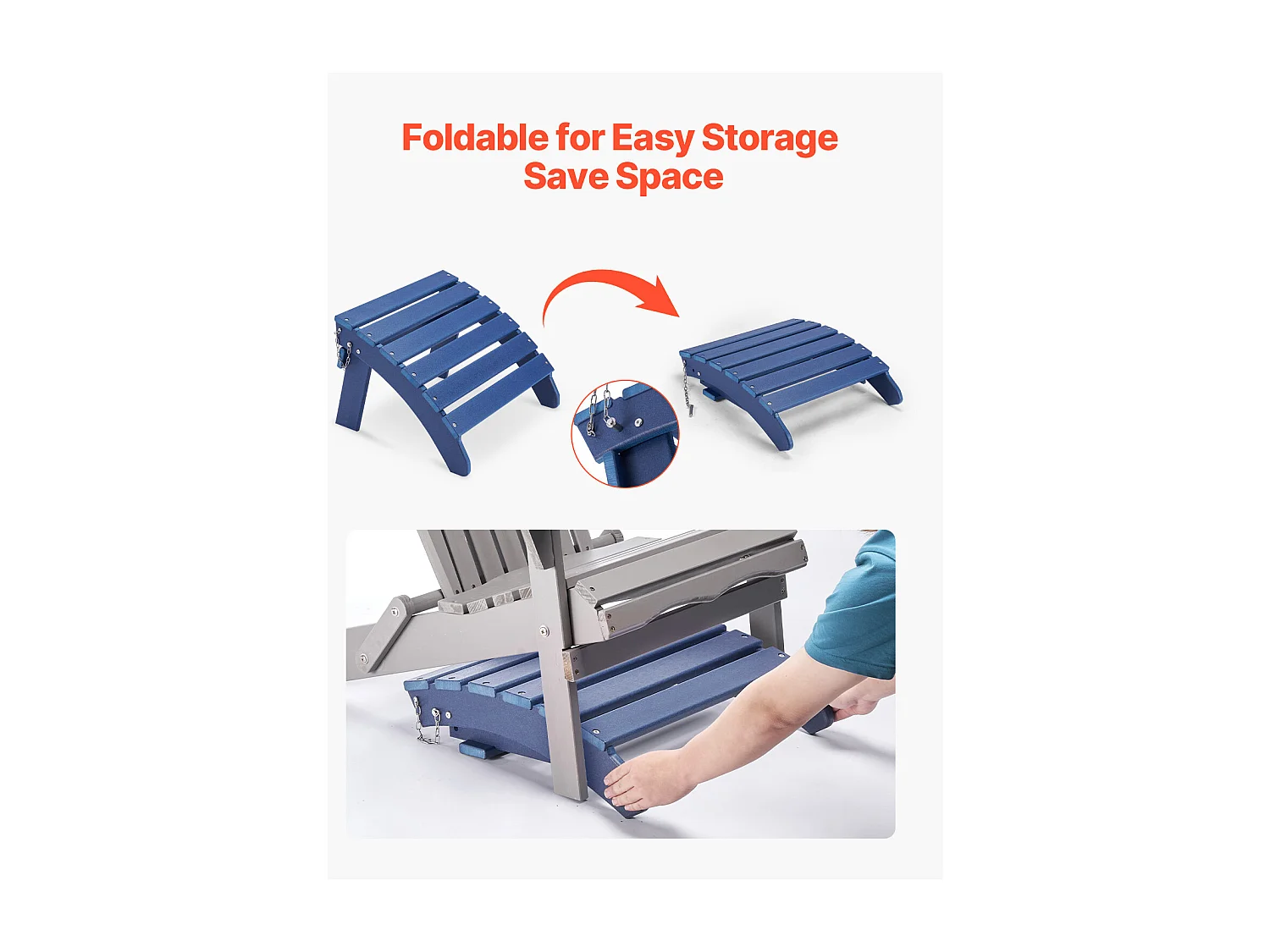 Pouf de Jardin, SucceBuy Pouf Adirondack Pliable en PEHD 47 x 47 x 35 cm, Repose-pieds Résistant aux Intempéries pour Chaise Adirondack, Bleu