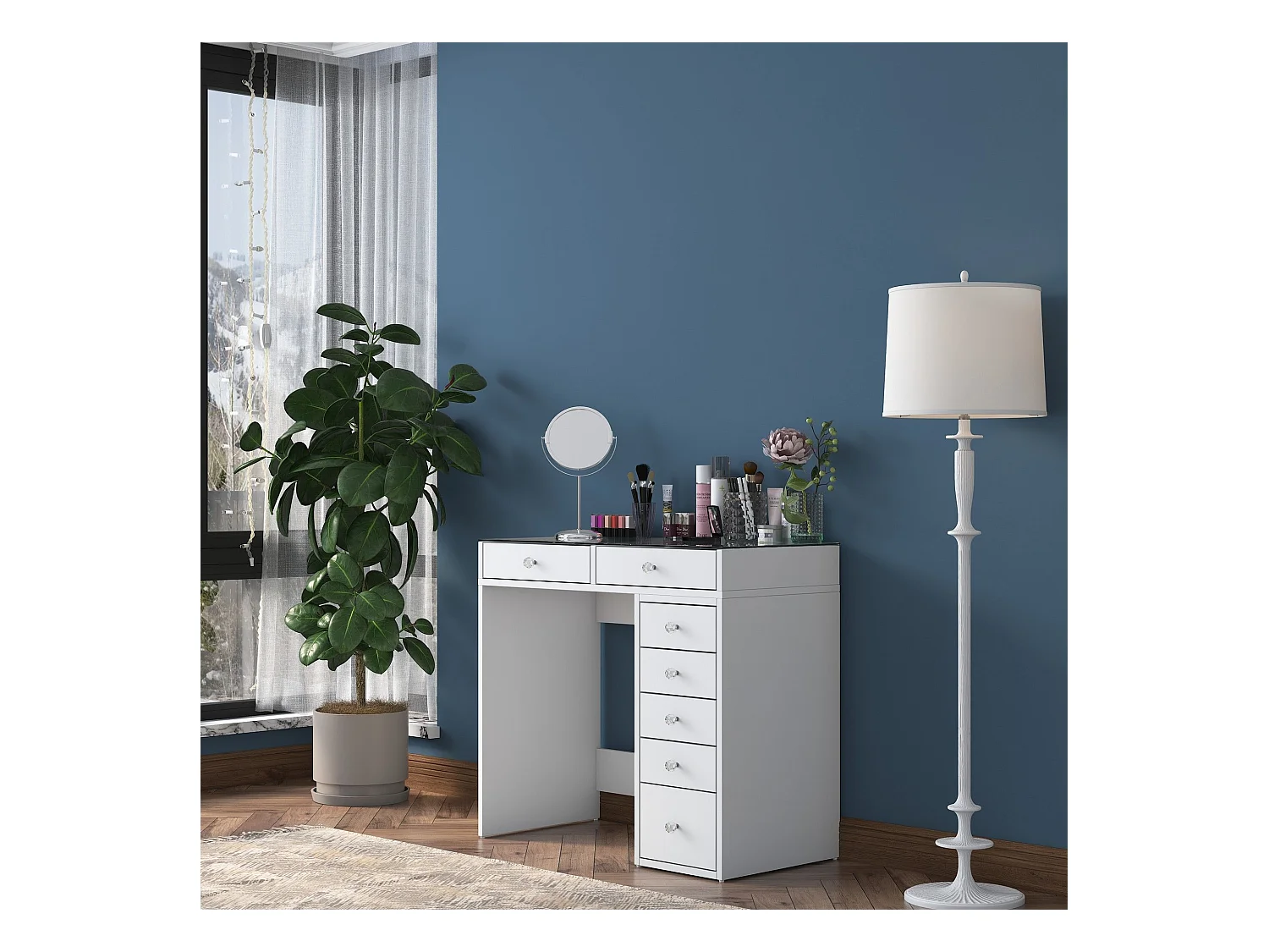 Coiffeuse moderne 7 tiroirs avec dessus Transparent Beline L90cm Blanc