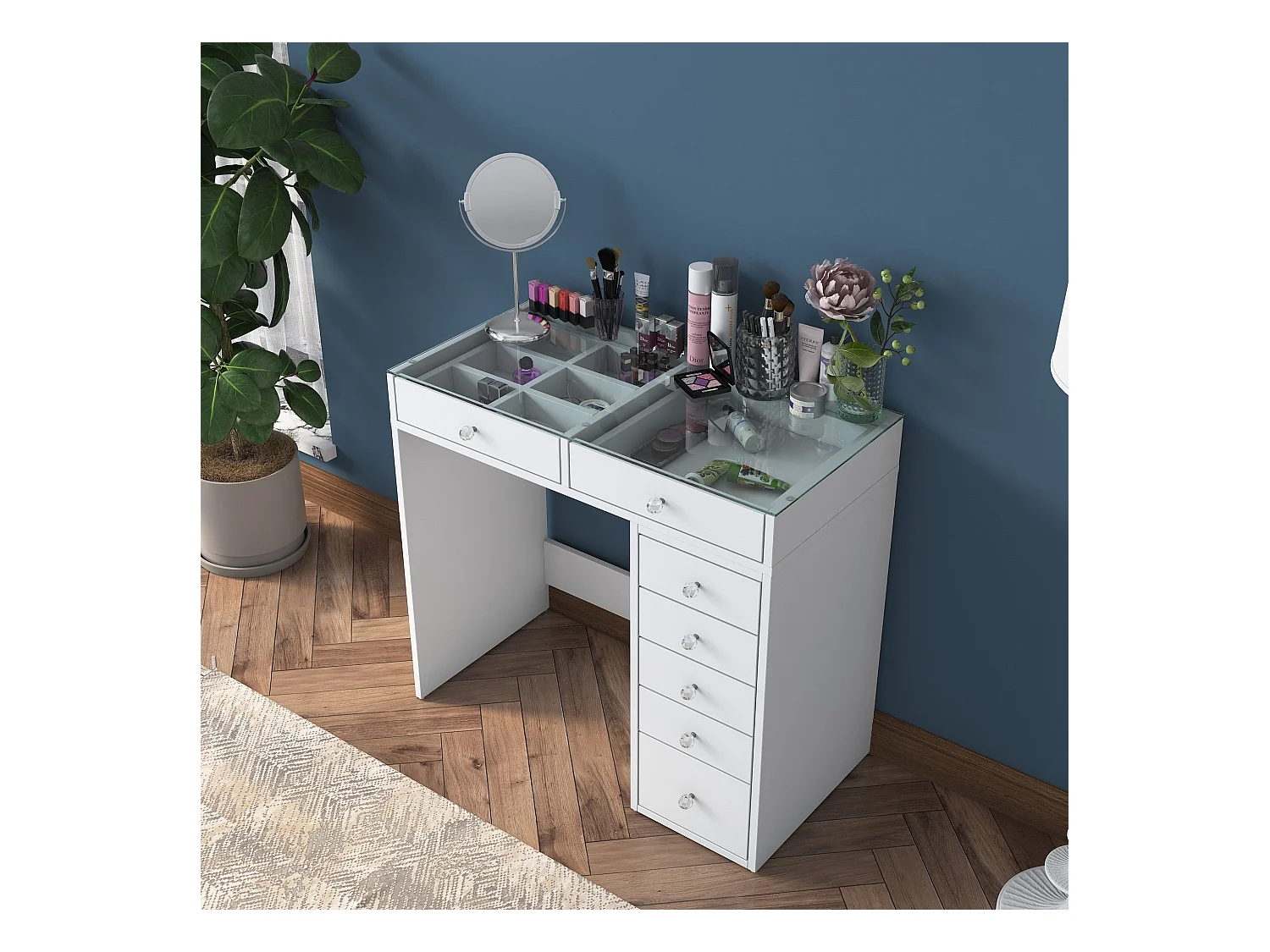 Coiffeuse moderne 7 tiroirs avec dessus Transparent Beline L90cm Blanc