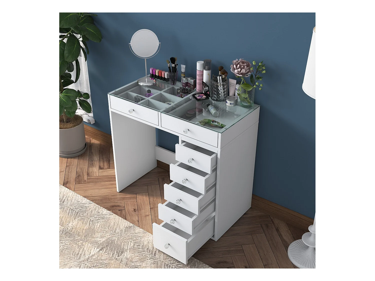 Coiffeuse moderne 7 tiroirs avec dessus Transparent Beline L90cm Blanc