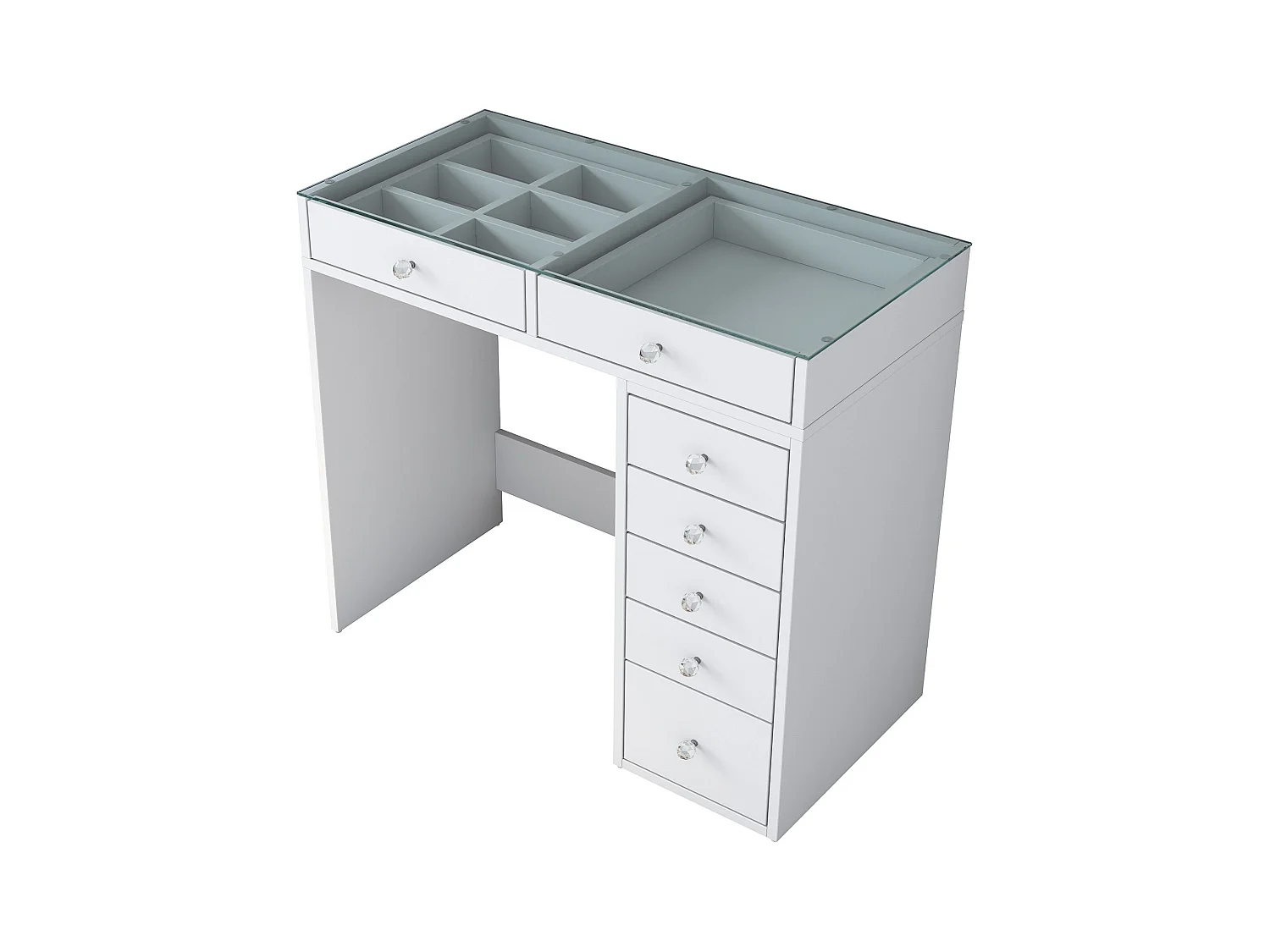 Coiffeuse moderne 7 tiroirs avec dessus Transparent Beline L90cm Blanc