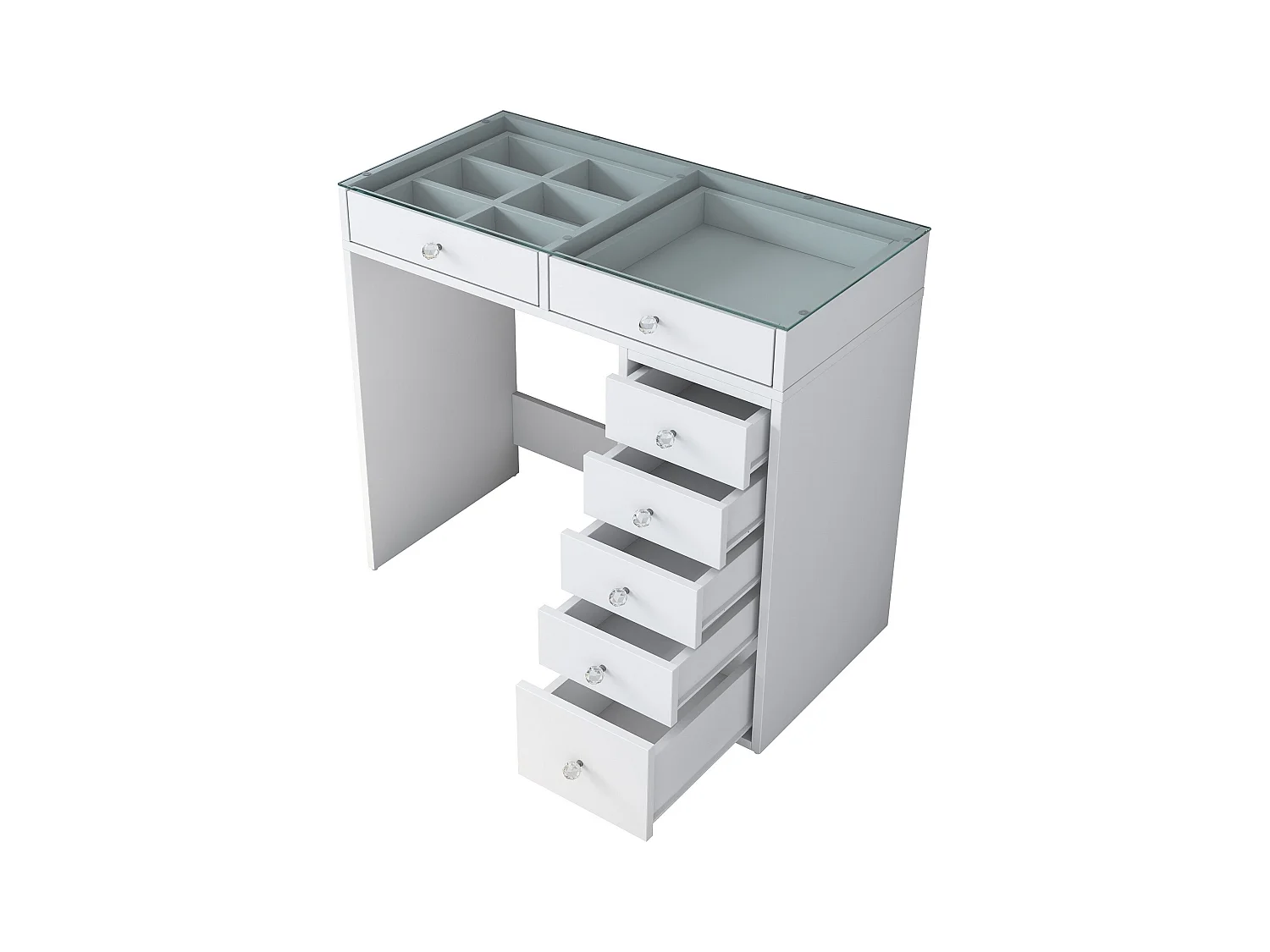 Coiffeuse moderne 7 tiroirs avec dessus Transparent Beline L90cm Blanc