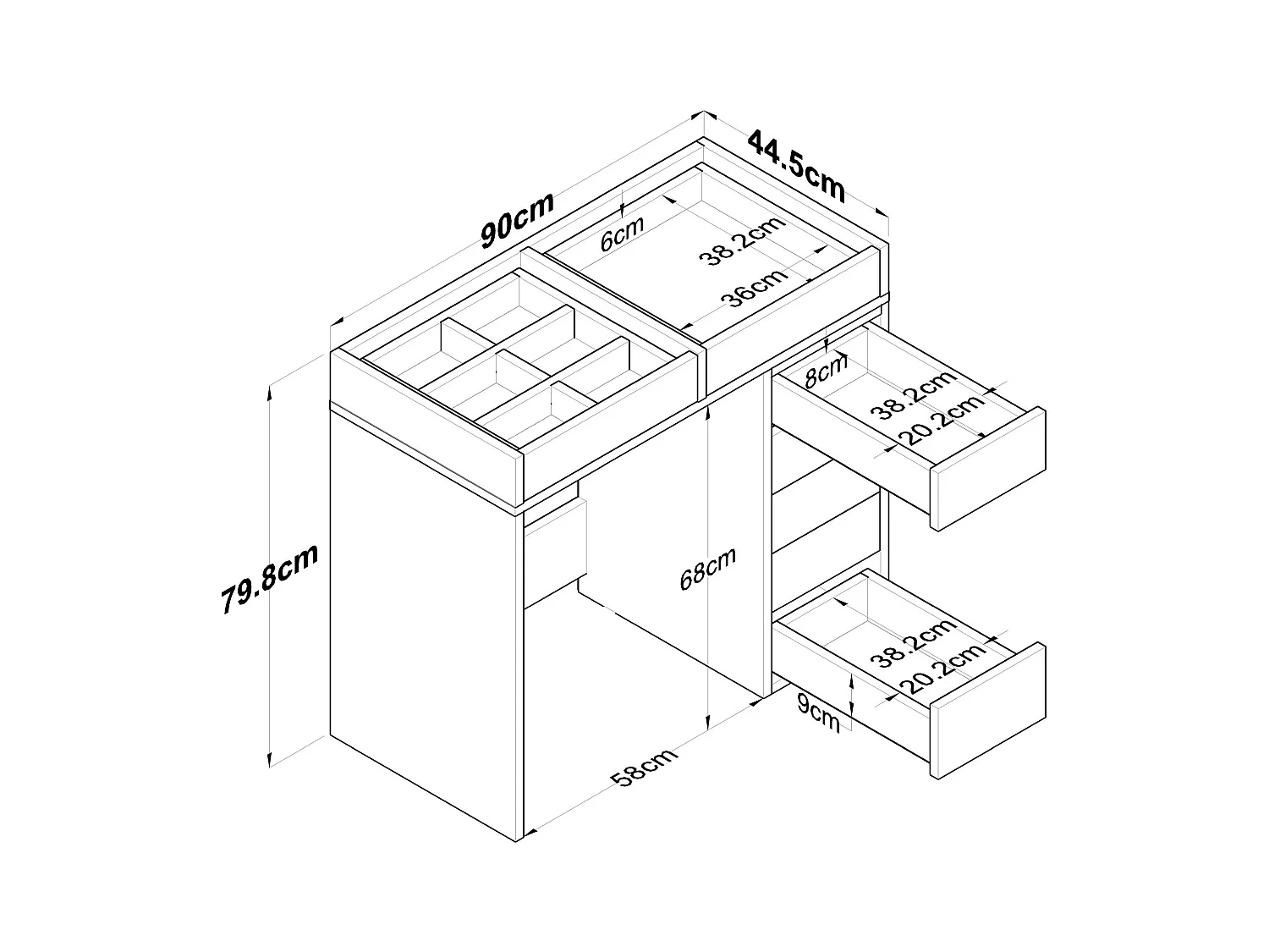 Coiffeuse moderne 7 tiroirs avec dessus Transparent Beline L90cm Blanc