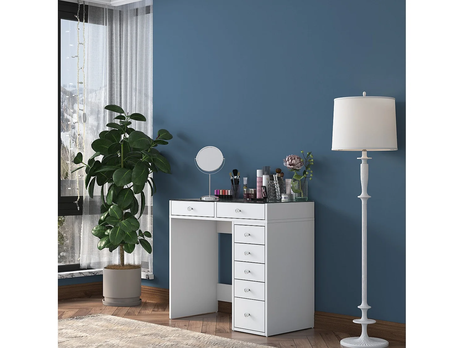 Coiffeuse moderne 7 tiroirs avec dessus Transparent Beline L90cm Blanc