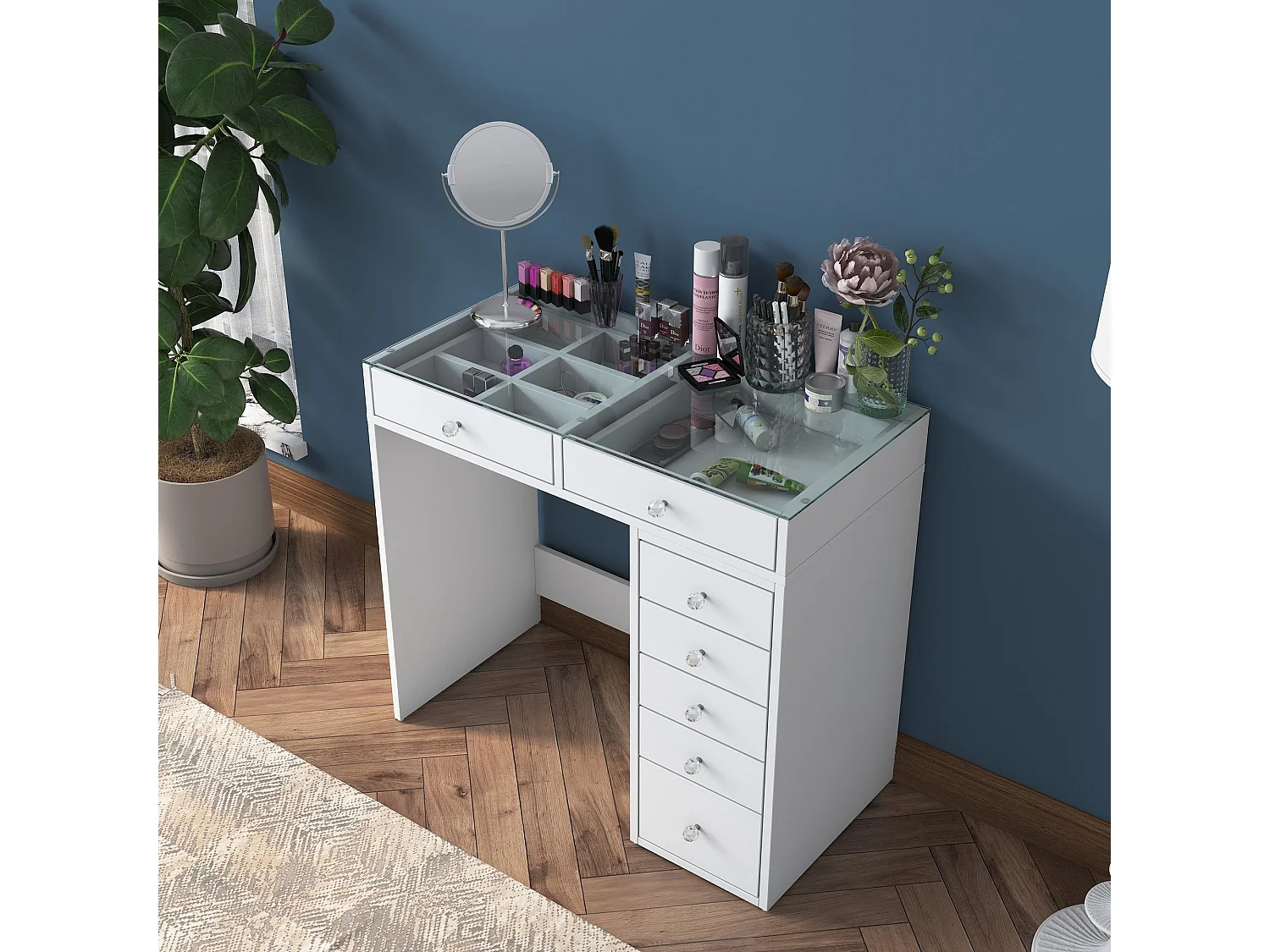 Coiffeuse moderne 7 tiroirs avec dessus Transparent Beline L90cm Blanc