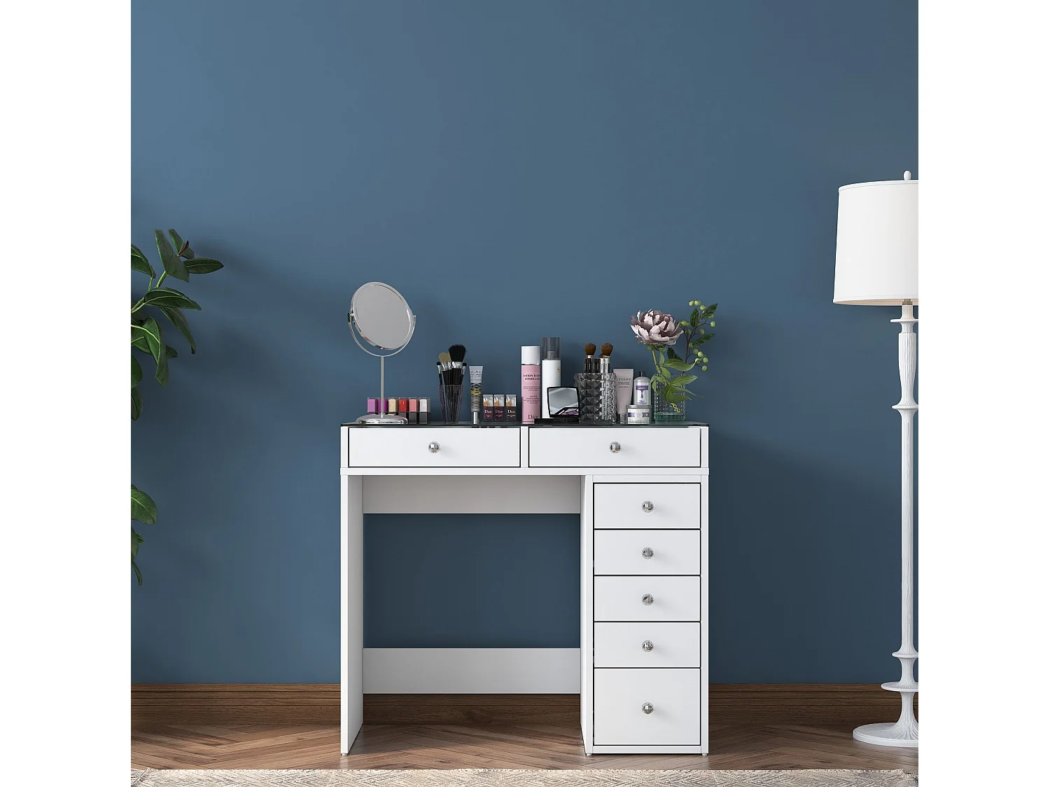 Coiffeuse moderne 7 tiroirs avec dessus Transparent Beline L90cm Blanc