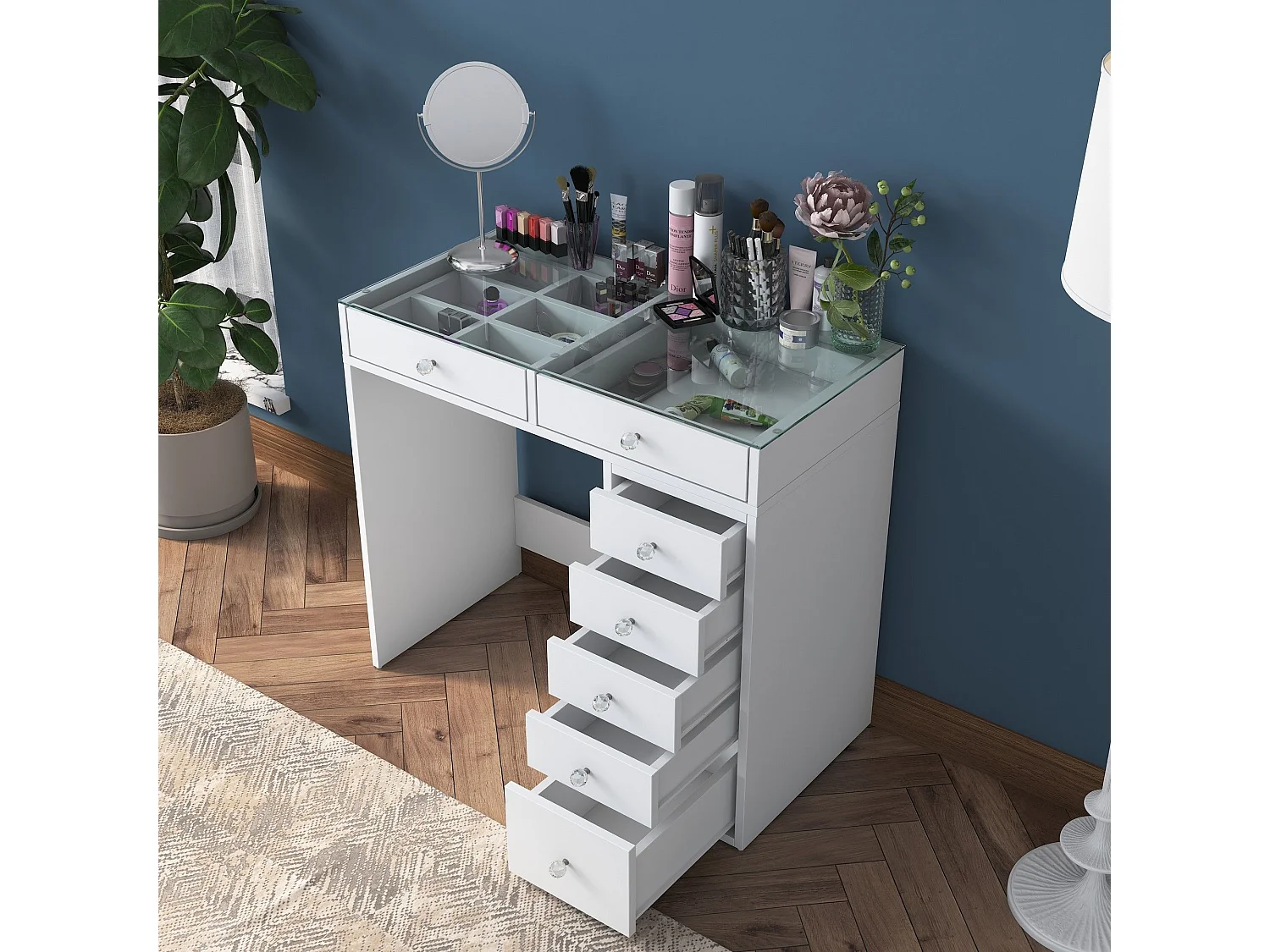 Coiffeuse moderne 7 tiroirs avec dessus Transparent Beline L90cm Blanc