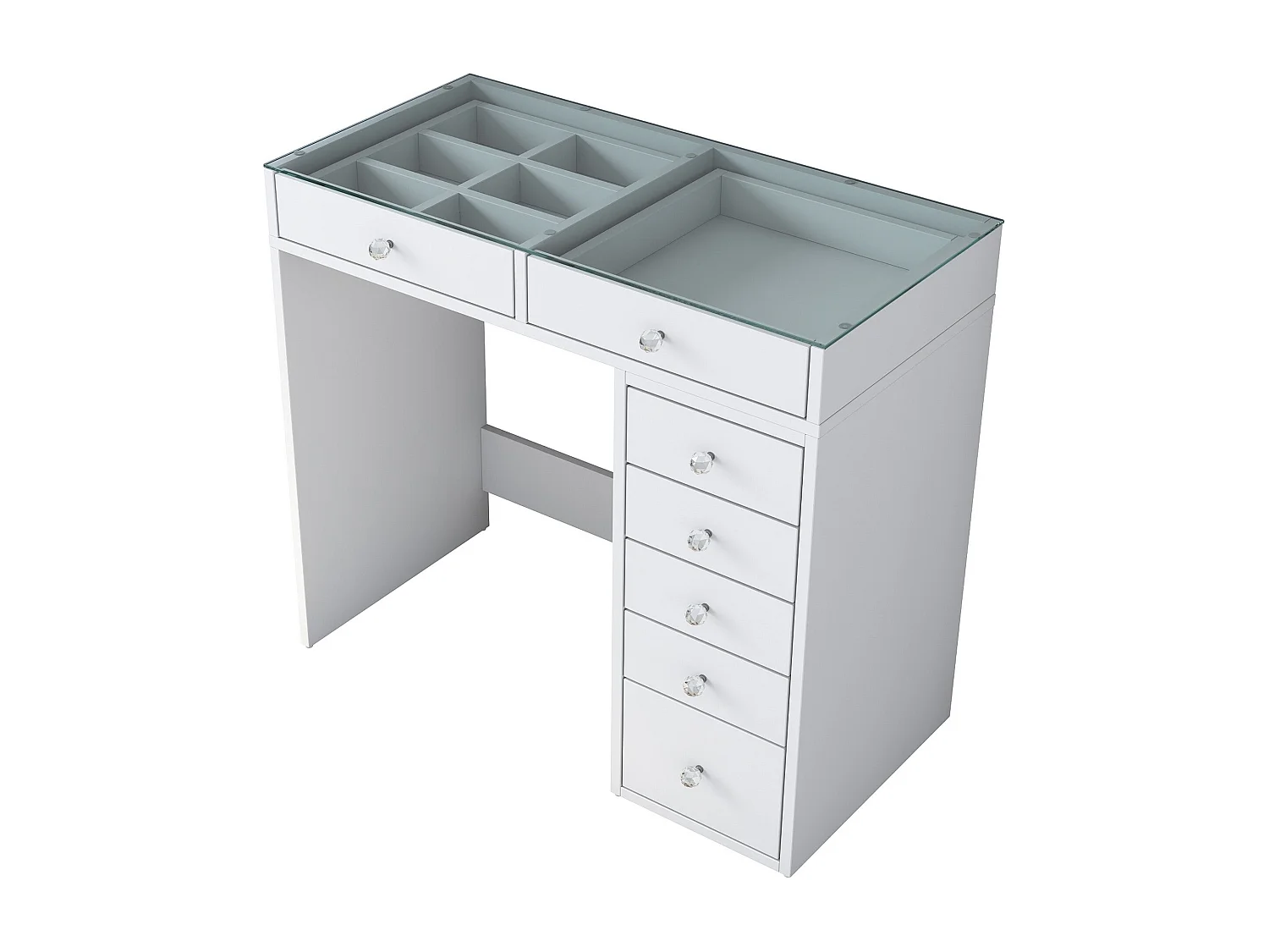 Coiffeuse moderne 7 tiroirs avec dessus Transparent Beline L90cm Blanc