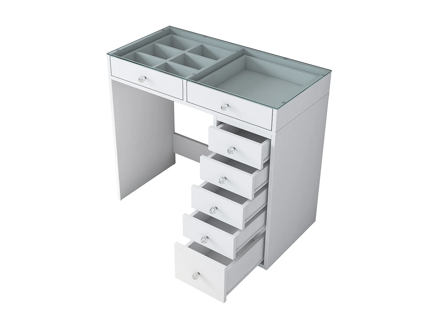 Coiffeuse moderne 7 tiroirs avec dessus Transparent Beline L90cm Blanc