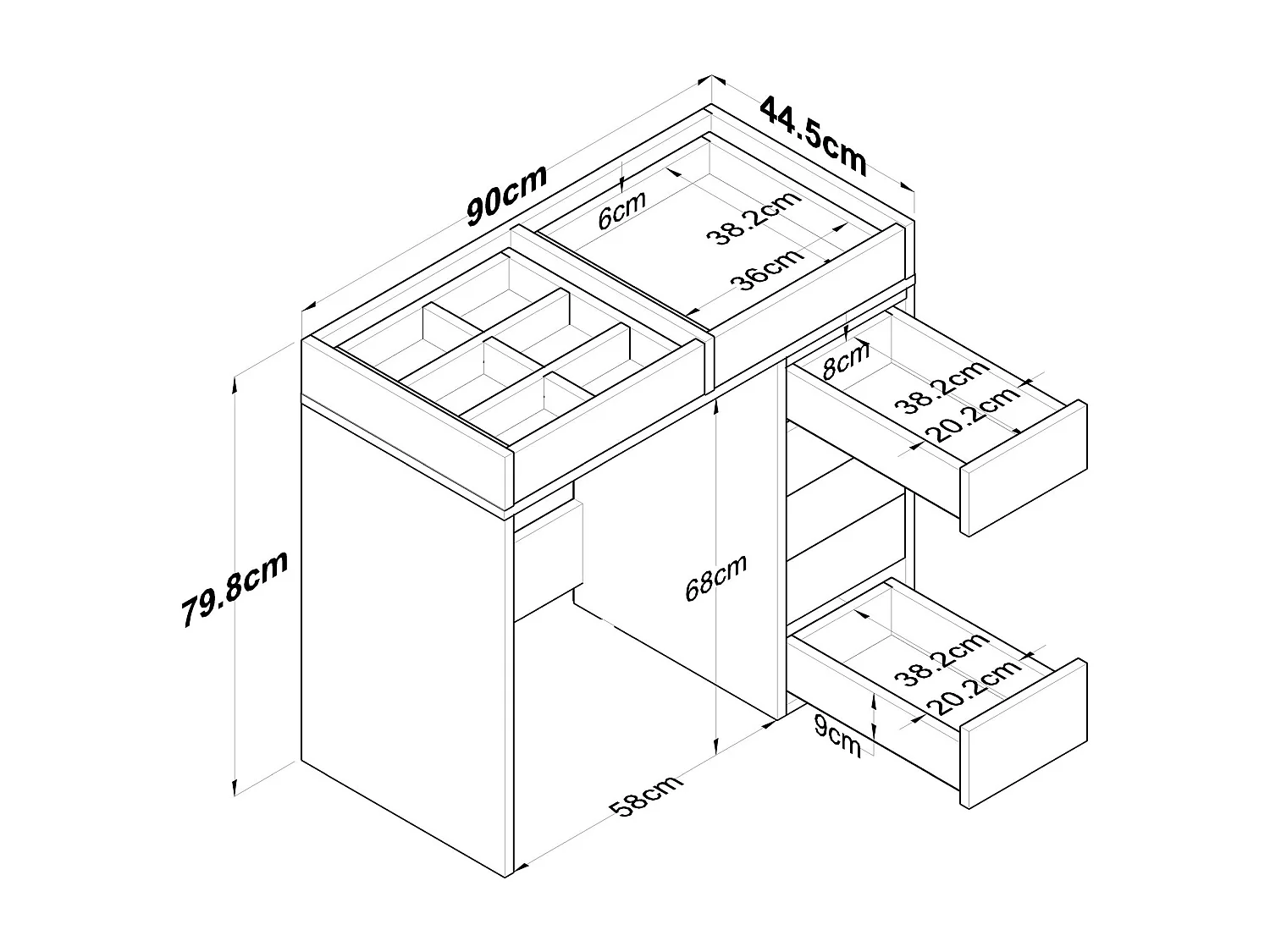 Coiffeuse moderne 7 tiroirs avec dessus Transparent Beline L90cm Blanc
