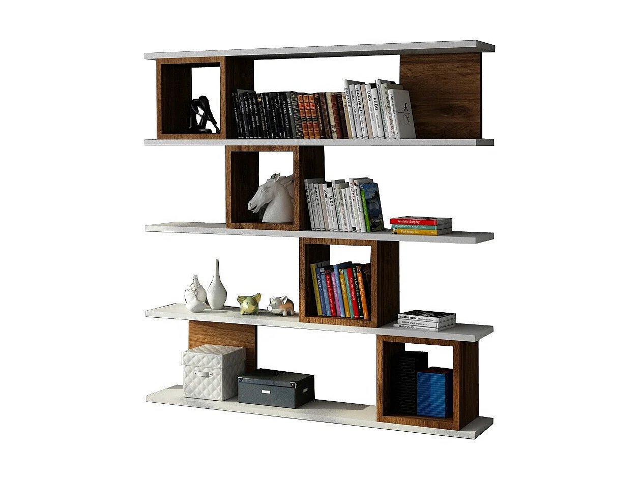 Nowoczesna półka ścienna – 120 x 119,9 x 19,5 cm – kolor biały i orzechowy – płyta wiórowa pokryta melaminą