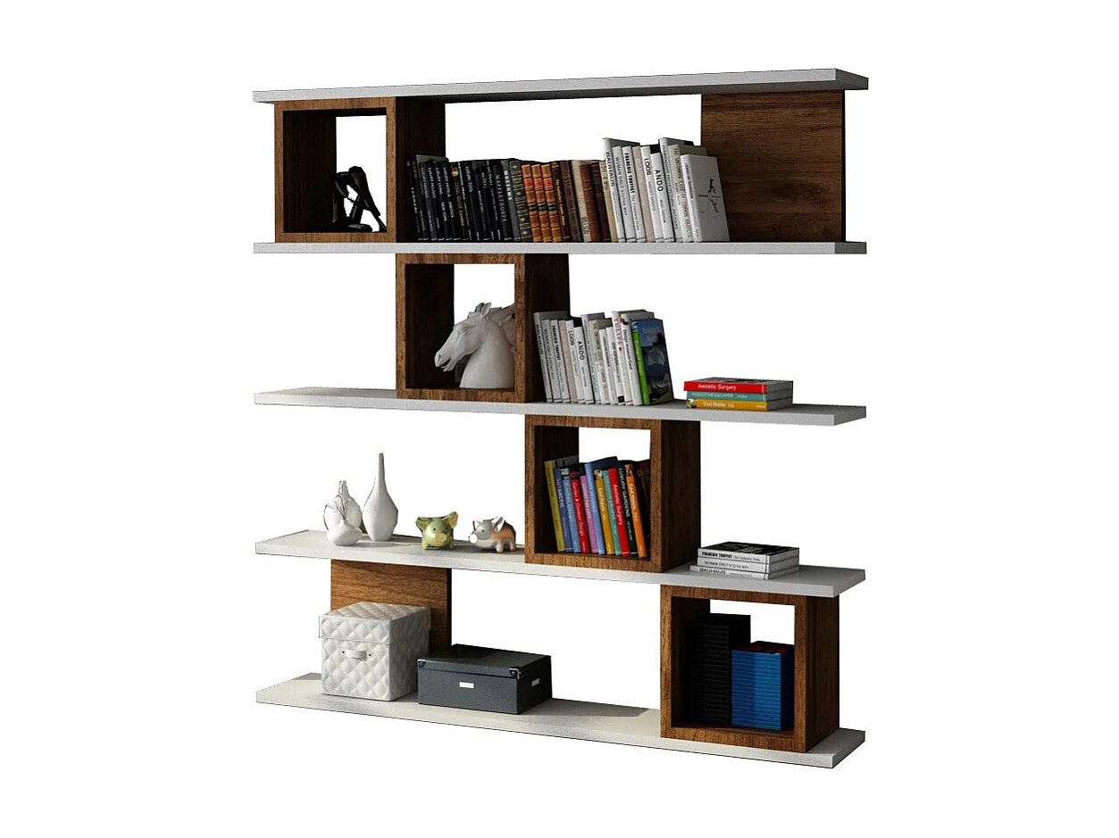 Nowoczesna półka ścienna – 120 x 119,9 x 19,5 cm – kolor biały i orzechowy – płyta wiórowa pokryta melaminą