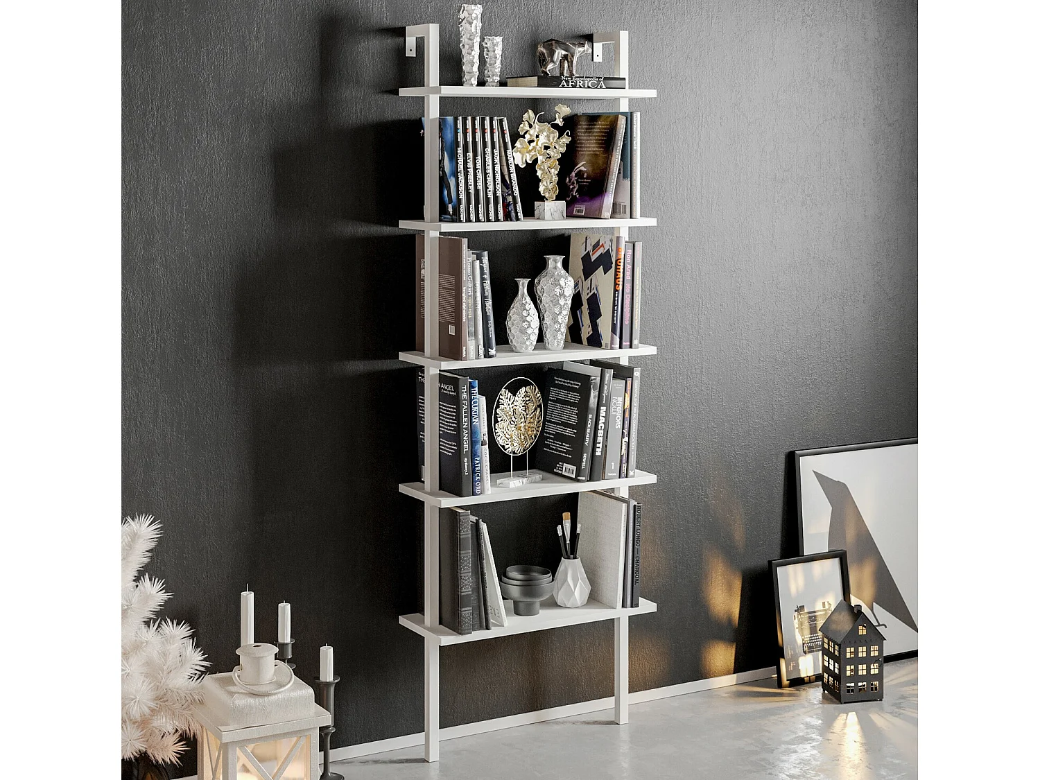 Regał w stylu skandynawskim, biały, 60 x 174 x 22 cm | Płyta wiórowa pokryta melaminą w 100%, grubość 18 mm, nogi metalowe | Możliwość monta