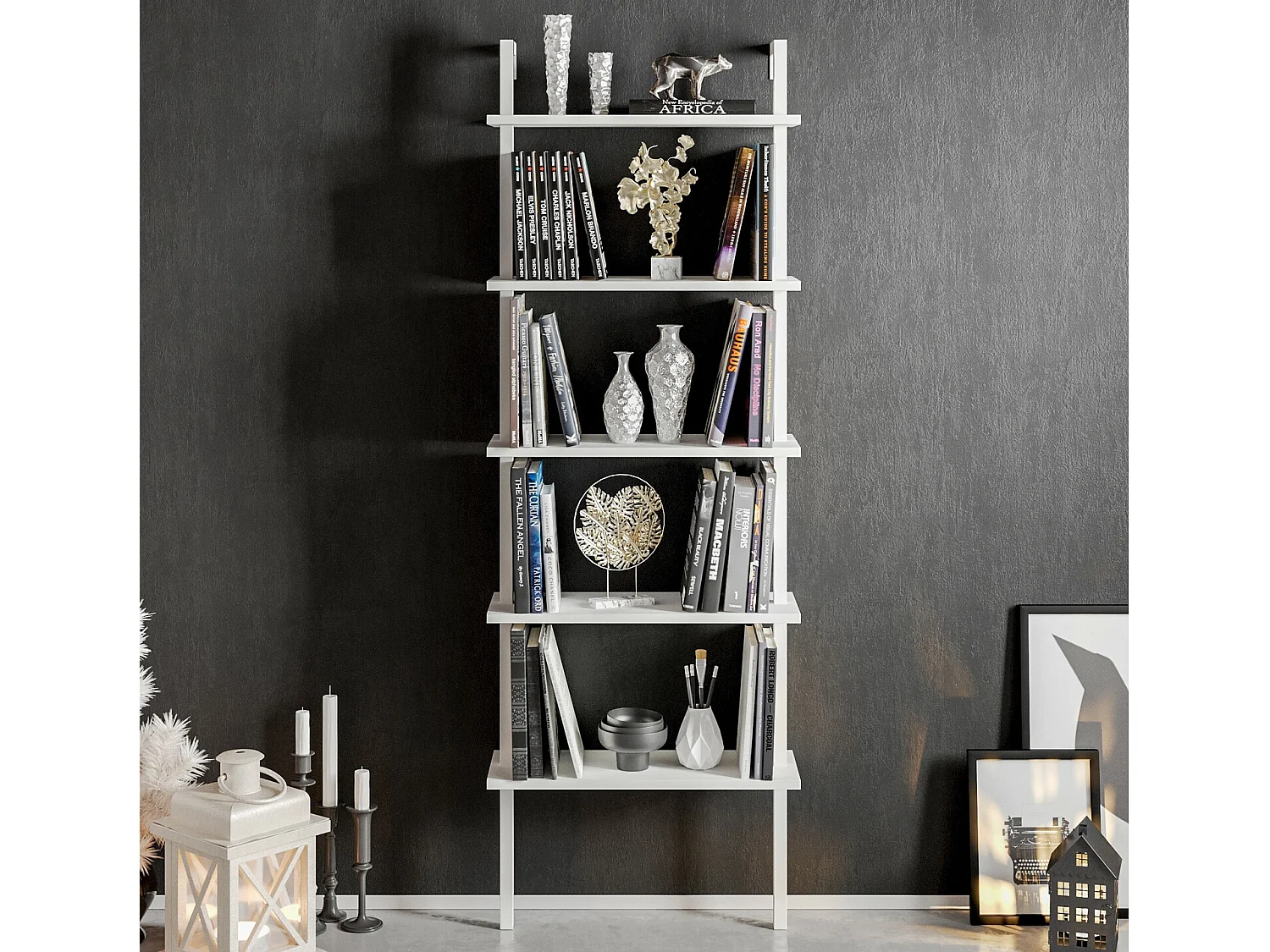 Regał w stylu skandynawskim, biały, 60 x 174 x 22 cm | Płyta wiórowa pokryta melaminą w 100%, grubość 18 mm, nogi metalowe | Możliwość monta