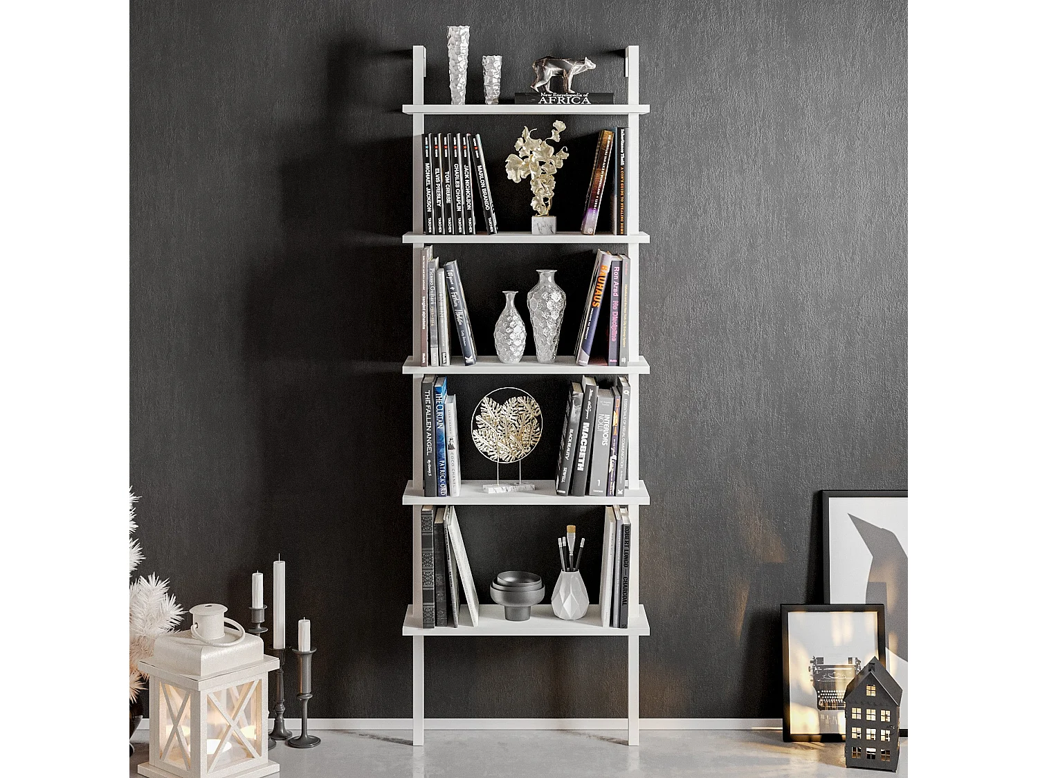 Regał w stylu skandynawskim, biały, 60 x 174 x 22 cm | Płyta wiórowa pokryta melaminą w 100%, grubość 18 mm, nogi metalowe | Możliwość monta