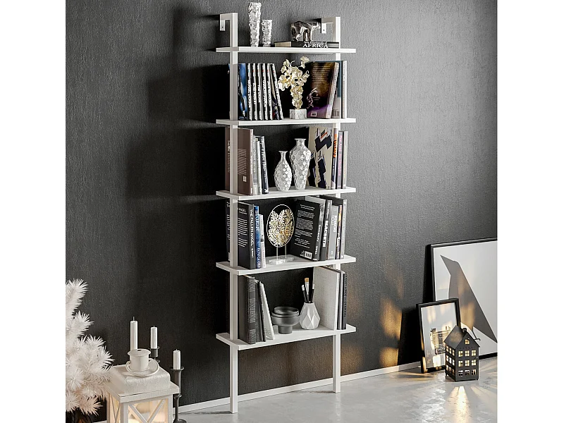 Regał w stylu skandynawskim, biały, 60 x 174 x 22 cm | Płyta wiórowa pokryta melaminą w 100%, grubość 18 mm, nogi metalowe | Możliwość monta