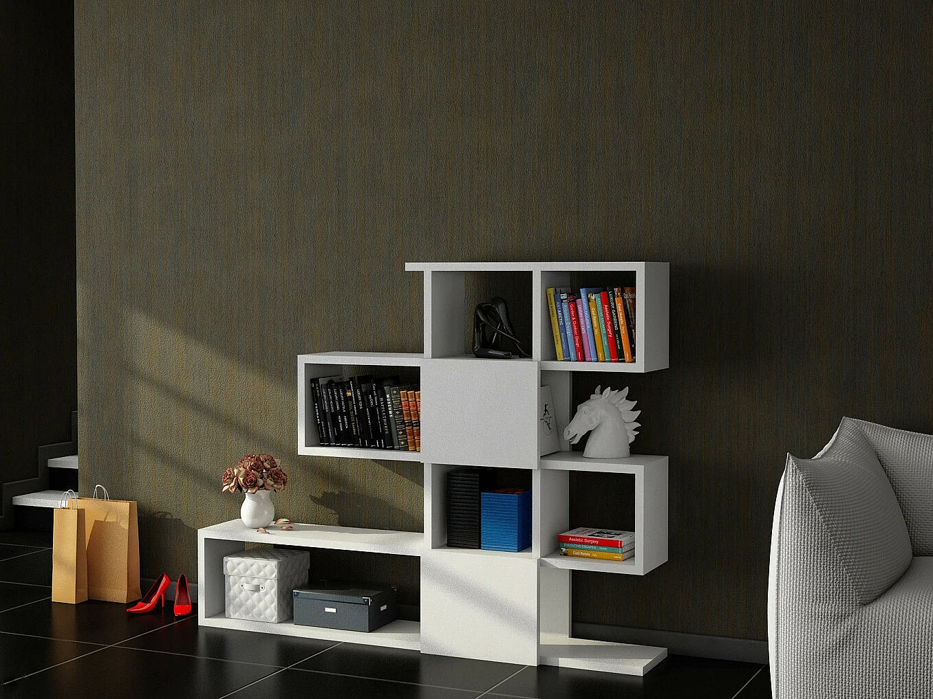 Bibliothèque moderne – 120 cm x 109 cm x 19,5 cm – Blanc – Panneaux de particules mélaminés