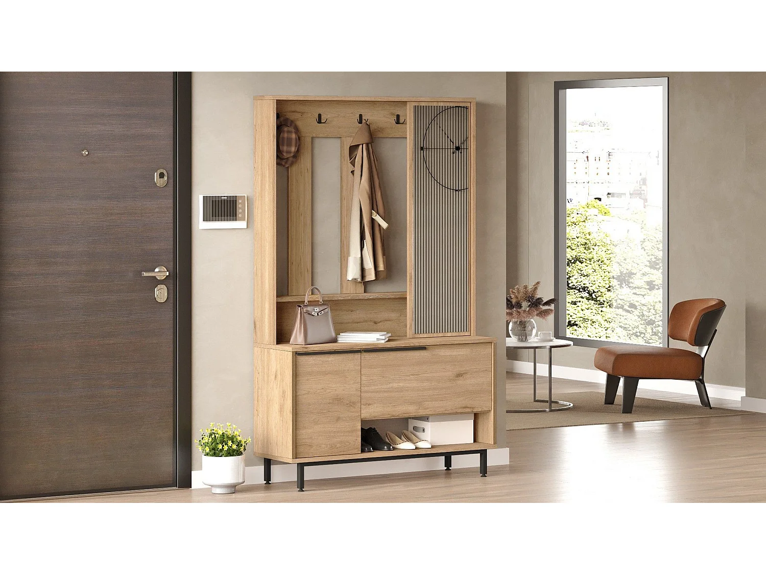 Set mobili da ingresso Kailua AE110, 178x112x36cm, Specchio, Noce, Truciolare laminato