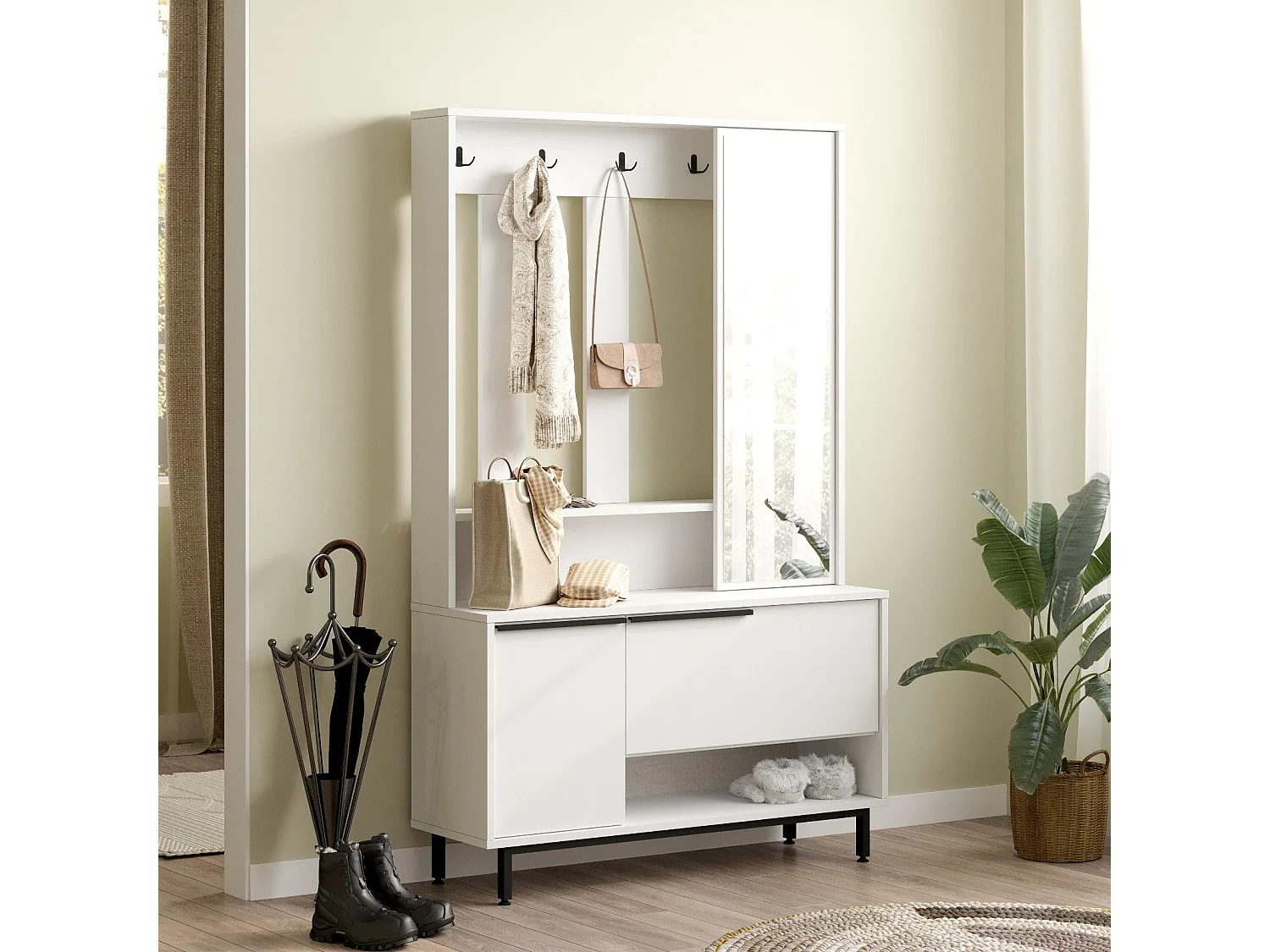 Set mobili da ingresso Kailua AE110, 178x112x36cm, Specchio, Bianco, Truciolare laminato