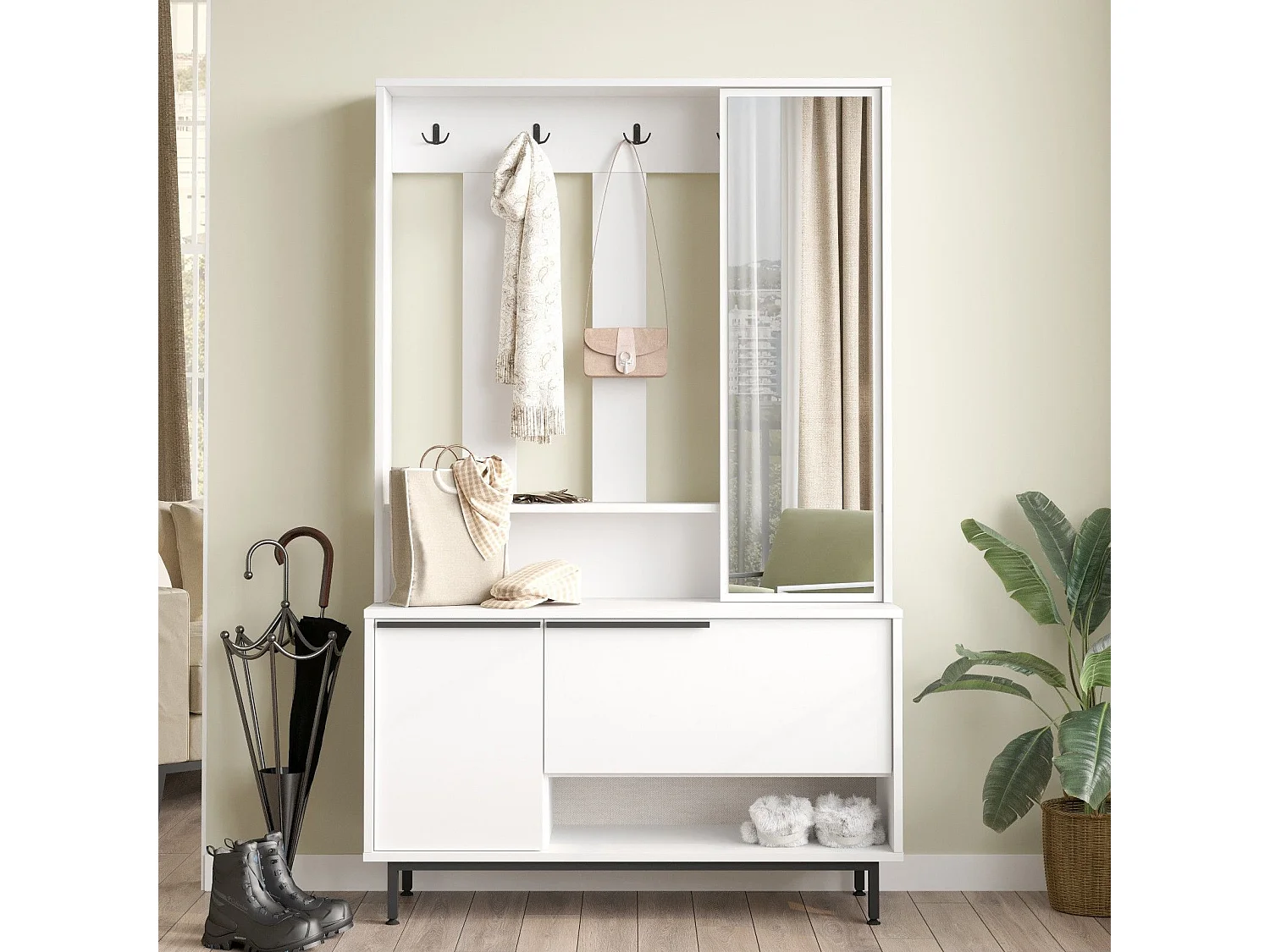 Set mobili da ingresso Kailua AE110, 178x112x36cm, Specchio, Bianco, Truciolare laminato