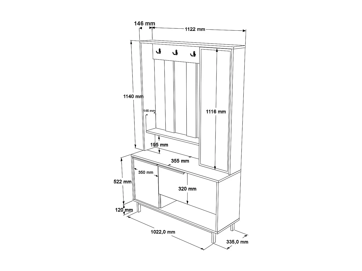 Set mobili da ingresso Kailua AE110, 178x112x36cm, Specchio, Bianco, Truciolare laminato