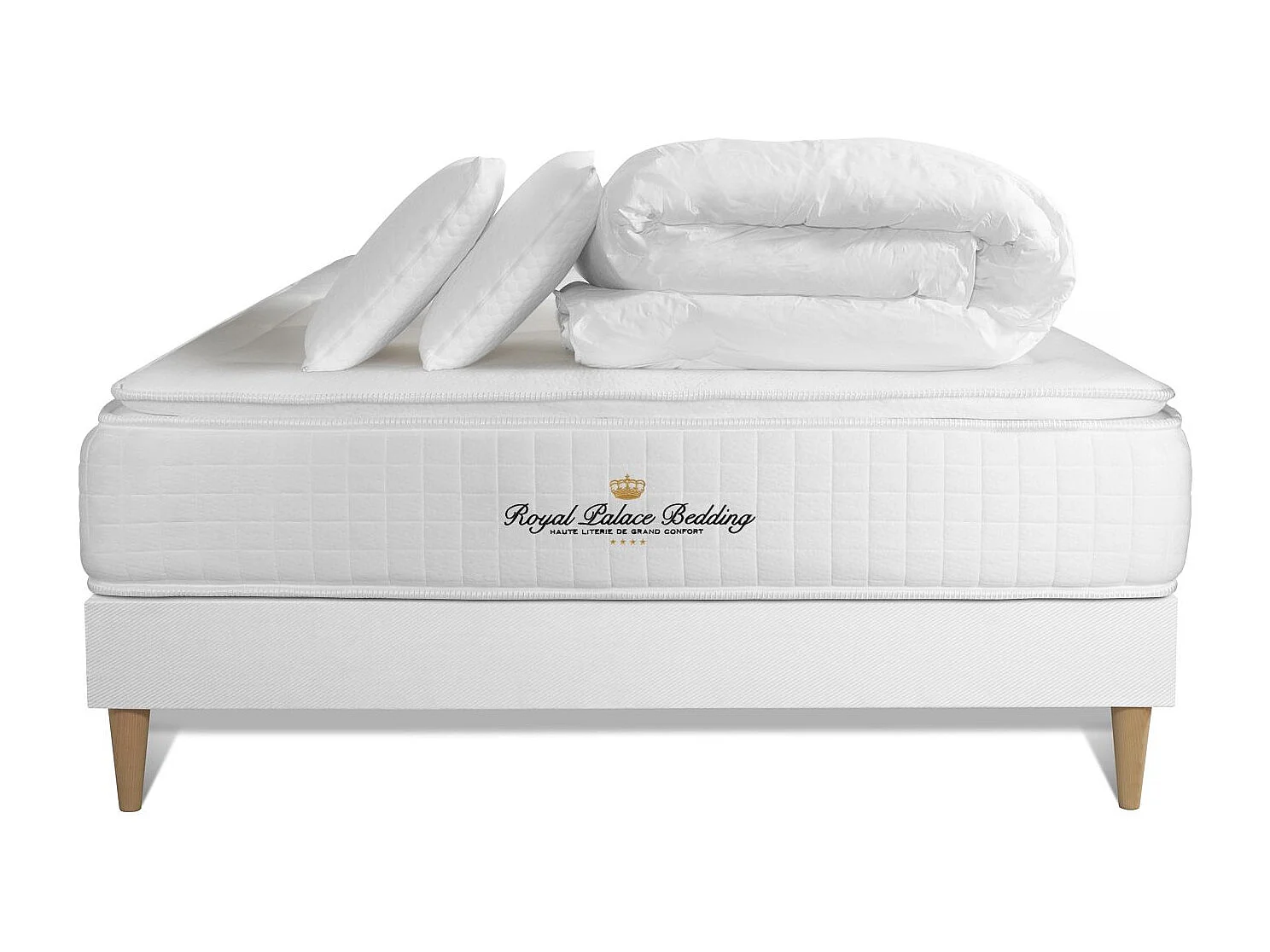 Pacchetto letto completo - Materasso 140x190cm + Box spring con doghe (kit) + 2 cuscini + Piumino - George V