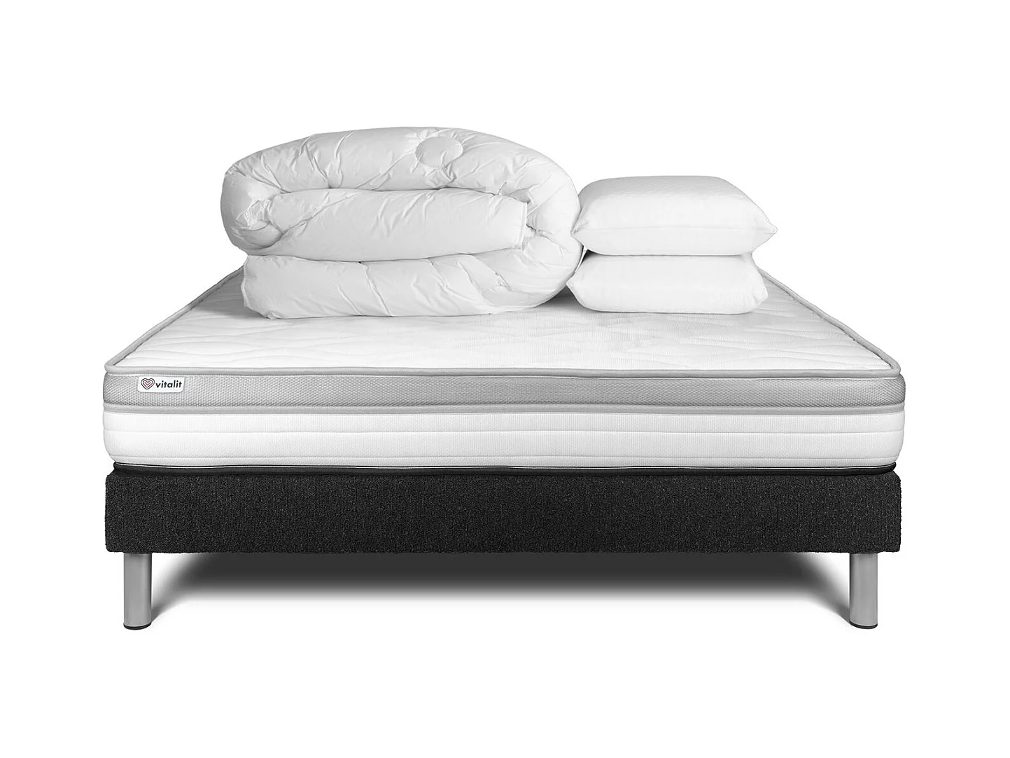 Pack lit complet - Matelas 140x200 cm + Sommier tapissier à lattes (en kit) + 2 oreillers + Couette - Vital Relax