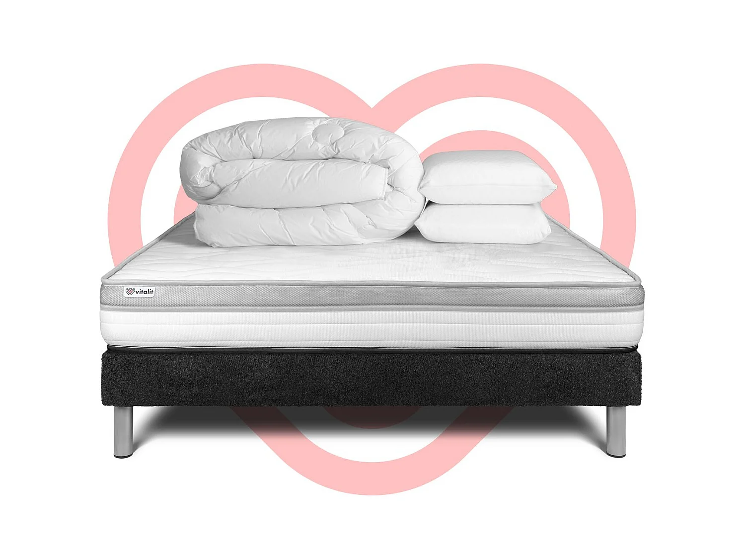 Pack lit complet - Matelas 140x200 cm + Sommier tapissier à lattes (en kit) + 2 oreillers + Couette - Vital Relax