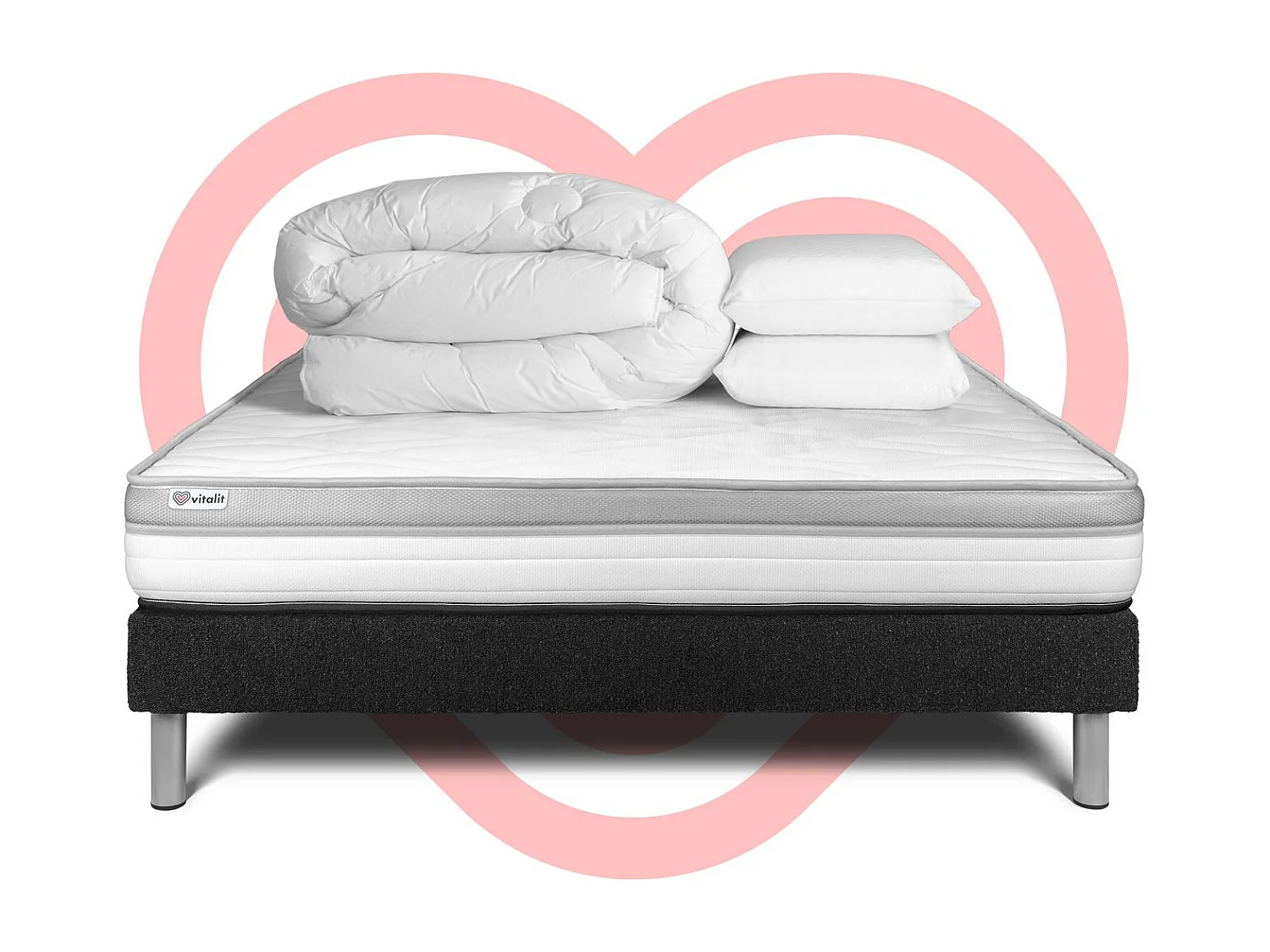 Pack lit complet - Matelas 140x200 cm + Sommier tapissier à lattes (en kit) + 2 oreillers + Couette - Vital Relax