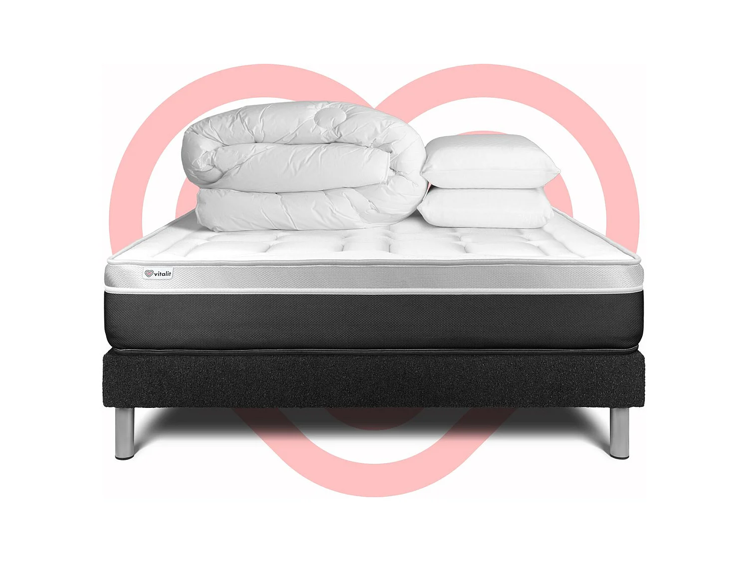 Pack lit complet - Matelas 140x190 cm + Sommier tapissier à lattes (en kit) + 2 oreillers + Couette - Vital Soft